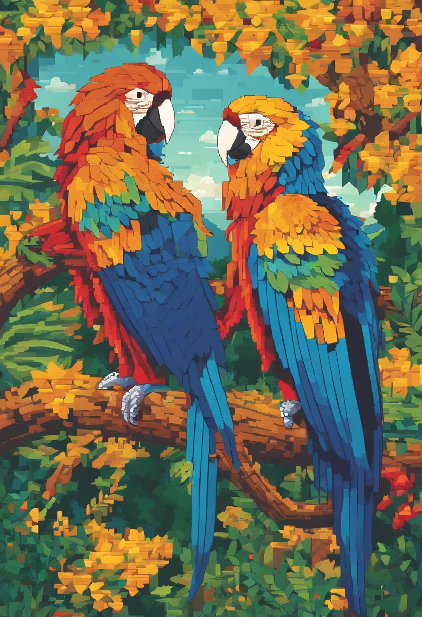 A macaw,in the rainforest,Stand on a branch and whip your wings,plethora of colors,Strong layering,Correct structural proportions,Golden section composition,Strong light contrast,hyper-high detail,8K,Romantic atmosphere,