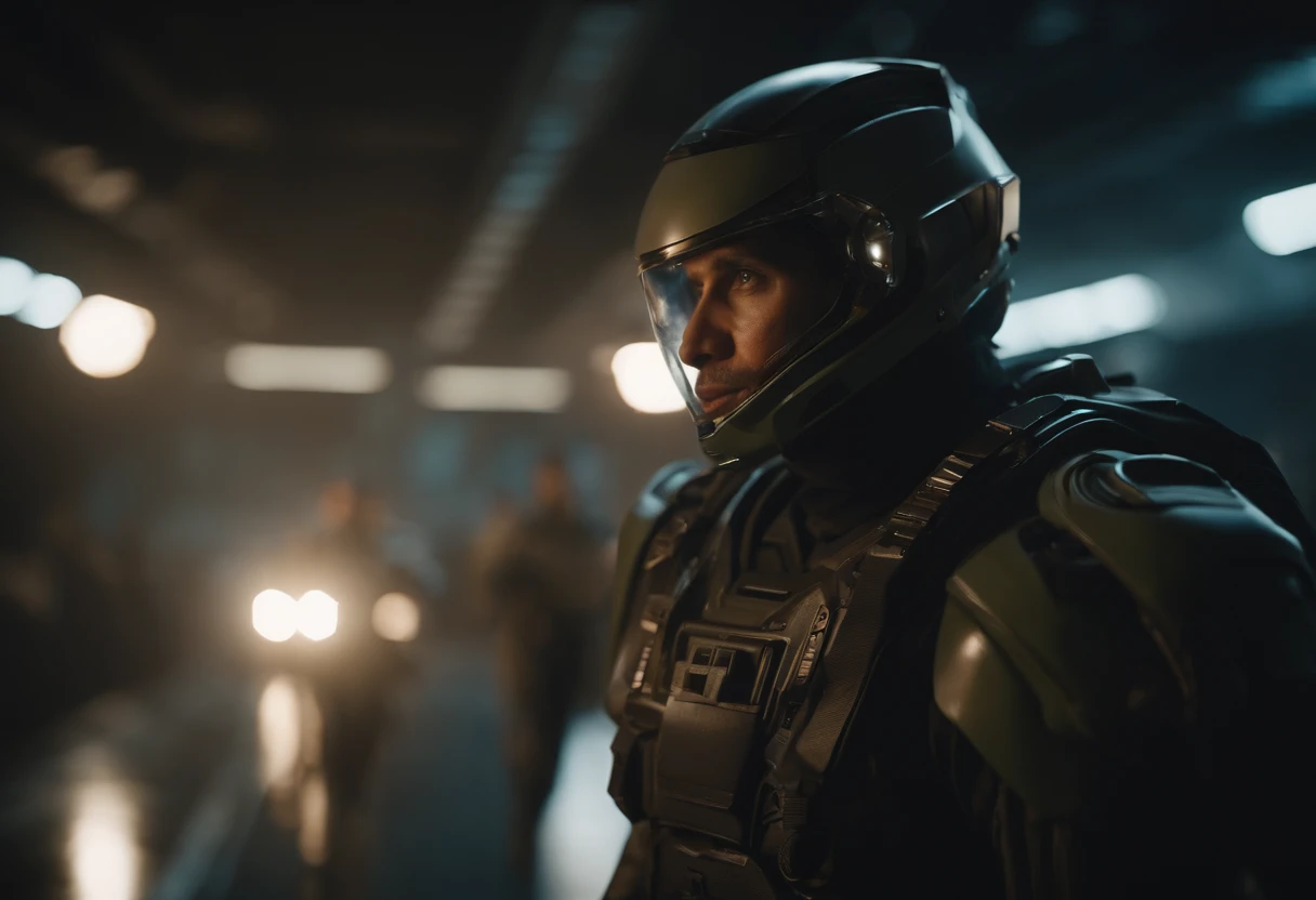 (realistic, sci-fi:1.1), (protector,guardian), brave detailed bodyguard, detailed realistic face, Full HD, 8k, 80s science fiction movie, vibrant colors, intense lighting effects