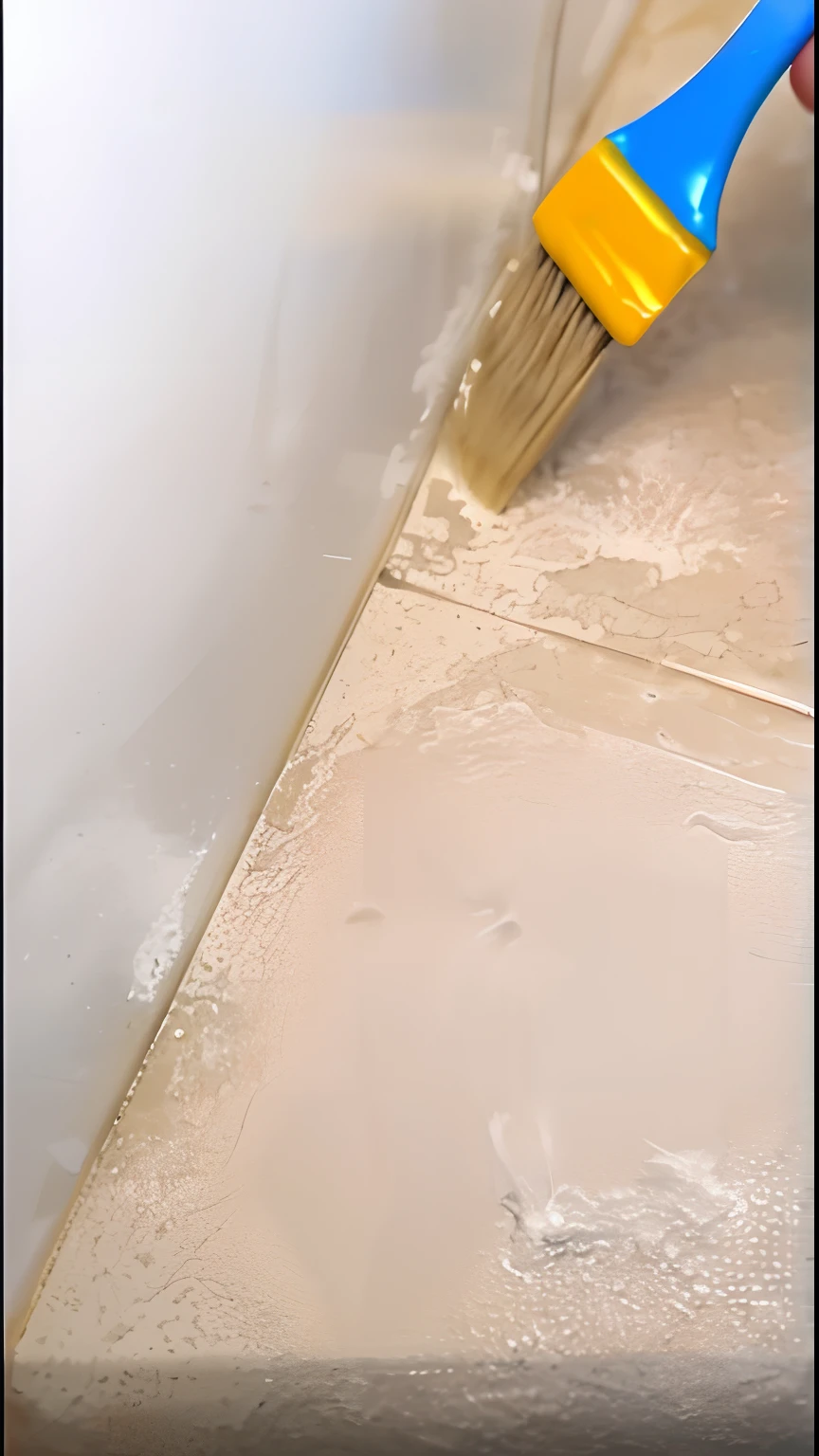 A brush dipped in clear paint paints the crevices of the tiles,Photorealistic photos、1080 pixels、high qulity、4k画质,vibrant with colors