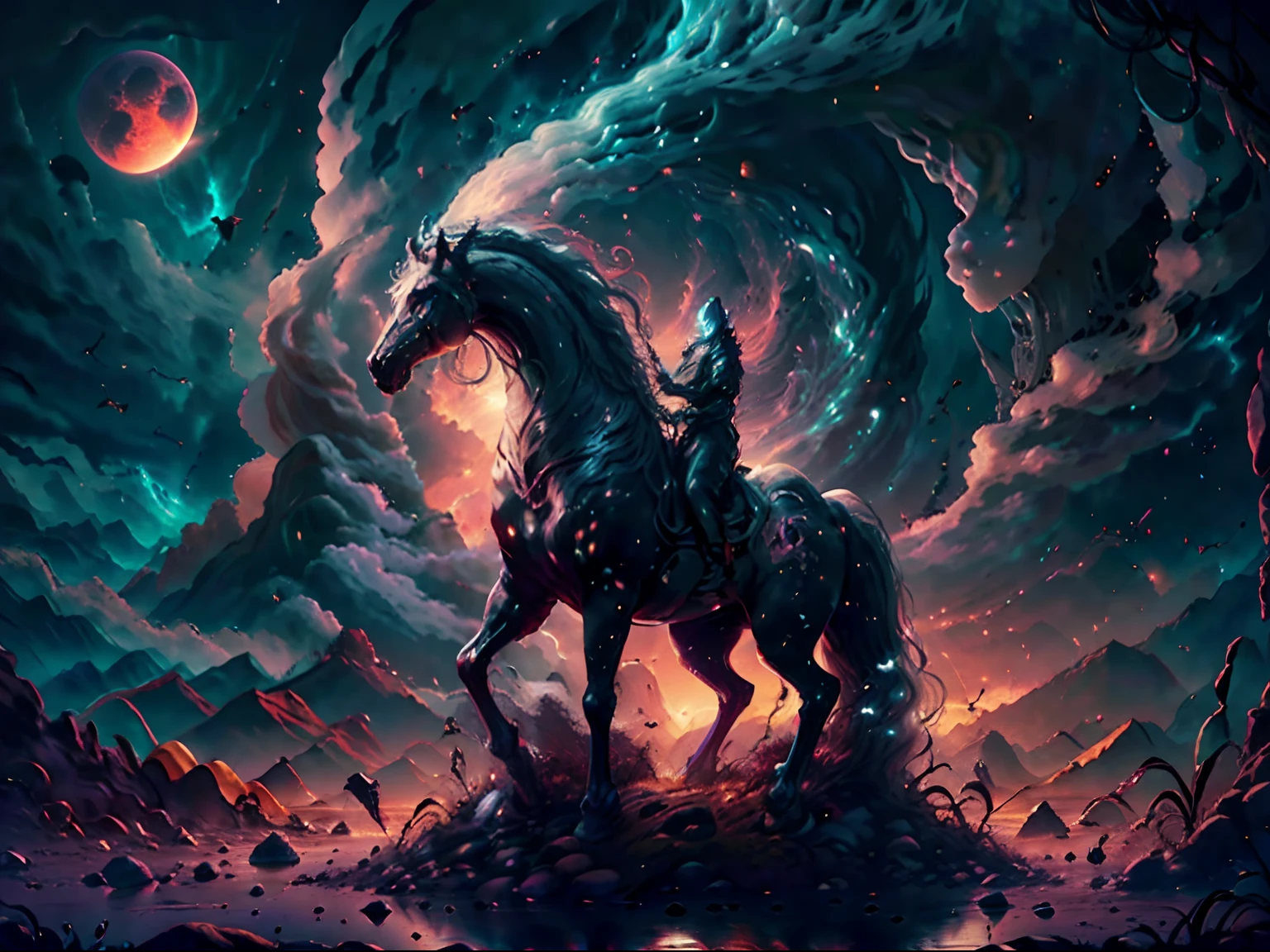 A tiny figure rides, A Galvian stead, ((an alien horse-like creature with extreme long nose, ridge disks and gills, a flowing white tail)), A beautiful creature is seated upon the mount, beautiful flowing garments, a uniform of alien elegance an wear, lustrous flowing hair, beautiful features, air breathing technology, rides across the baren landscape of an alien world, dust blows across the desert in swirls of sorrow, bright orange and pinks of a setting alien moon, near dark, a Jovian world hangs in the furoin sky, she rides to the edge of the horizon, and to new tank city, photorealistic, hyperdetailed, sadness and forlorn, an ending, extreme long shot, vast distances, emptiness, 64k resolution
