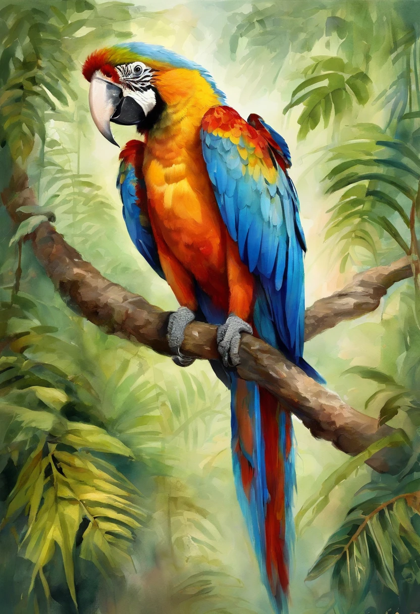 A macaw，in the rainforest，Stand on a branch and whip your wings，plethora of colors，Strong layering，Correct structural proportions，Golden section composition，Strong light contrast，hyper-high detail，8K，Romantic atmosphere，