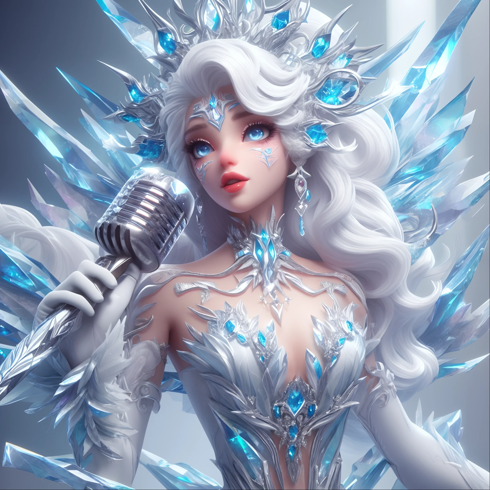 um close up de uma mulher em um vestido branco segurando um microfone, Rainha do gelo e da tempestade, rainha do gelo, Feiticeira do Gelo, 8k arte detalhada de alta qualidade, anime barbie em branco, A Rainha do Gelo, 3 d render arte do caractere 8 k, 8k arte impressionante, Arte digital detalhada em 4k, female made of ice, Arte digital altamente detalhada em 4k