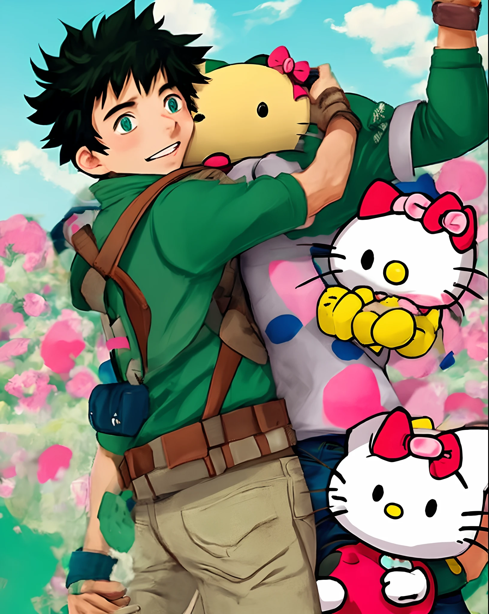 Deku holding hello kitty