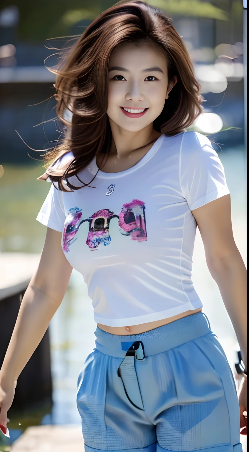 Female Athletes, ((masterpiece, Highest quality, Best image quality, High resolution, Realistic, RAW Photos, 8K)), ((非常に詳細な CG 統合 8K 壁紙)), (Huge and stunning goddess shot, Very hot and sexy, Incredible beauty, Perfect proportions, Beautiful body, Slim body beauty:1.4), Female Athletes on the track, スポーツブラを着用したFemale Athletes, trunks, shoes, Sweaty, White running sweatshirt, Outdoor, On a very hot day, Keep your hands on your hips、stand with feet apart, Look up at the sky, From behind, Amidst enthusiasm and cheers, With the right hands and fingers, Detailed skin and sweat,(((Showing off pussy)))、With bangs、(((Number)))、School name on bib、(((Company name on bib)))、Tight Fit Panties、High cut panties、(((Small breasts)))、Sweaty、((Wet and transparent pussy)) 、((Wet and transparent shorts)) 、(Wet shorts:1.3))
