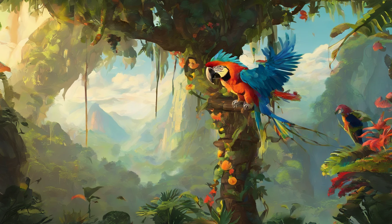 A macaw,in the rainforest,Stand on a branch and whip your wings,plethora of colors,Strong layering,Correct structural proportions,Golden section composition,Strong light contrast,hyper-high detail,8K,Romantic atmosphere,