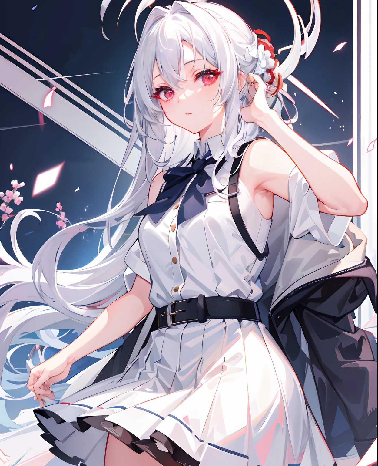 Dreamy, (masutepiece), Best Quality, 1girl in, White hair, amazing, Beautiful detailed eyes, Red Eyes, Fine details, depth of fields, extremely details CG, school clothes