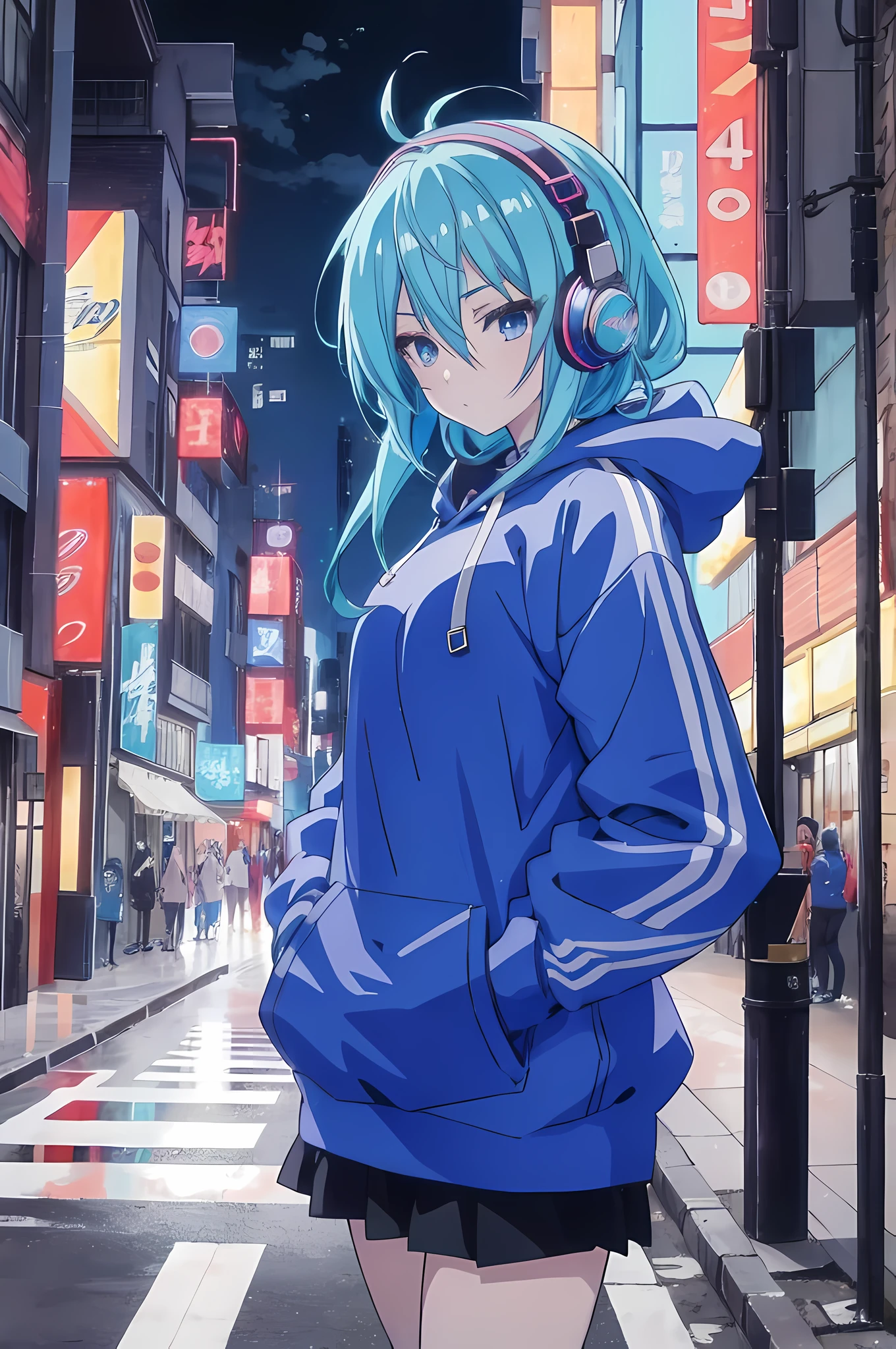 anime girl with blue hair and headphones walking down a city street, anime style 4 k, anime moe artstyle, cyberpunk anime girl in hoodie, anime art wallpaper 8 k, anime wallpaper 4k, anime wallpaper 4 k, anime art wallpaper 4k, anime art wallpaper 4 k, nightcore, anime style. 8k, 4k anime wallpaper, looking into the night sky