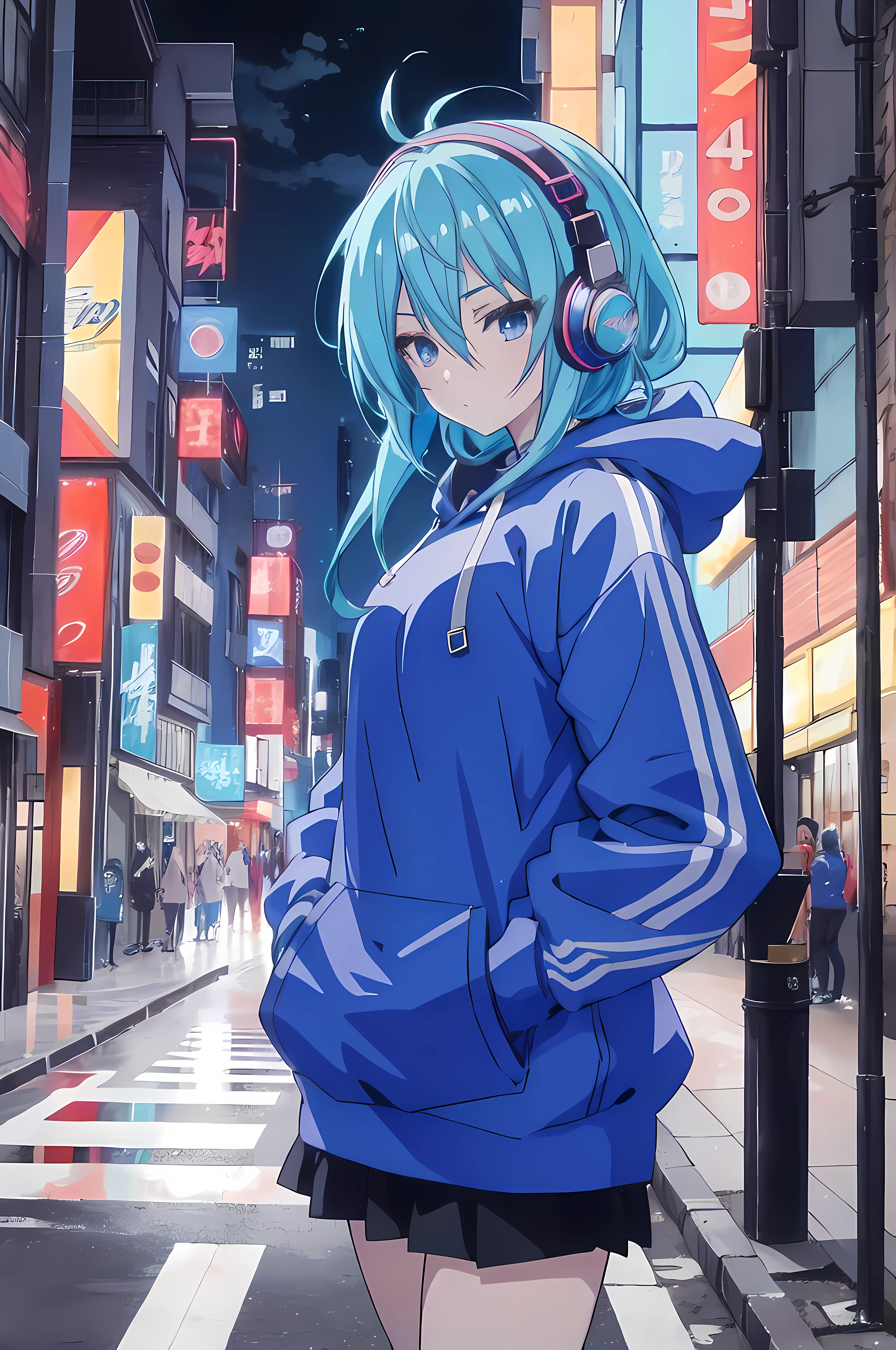 anime girl with blue hair and headphones walking down a city street, anime style 4 k, anime moe artstyle, cyberpunk anime girl in hoodie, anime art wallpaper 8 k, anime wallpaper 4k, anime wallpaper 4 k, anime art wallpaper 4k, anime art wallpaper 4 k, nightcore, anime style. 8k, 4k anime wallpaper, looking into the night sky