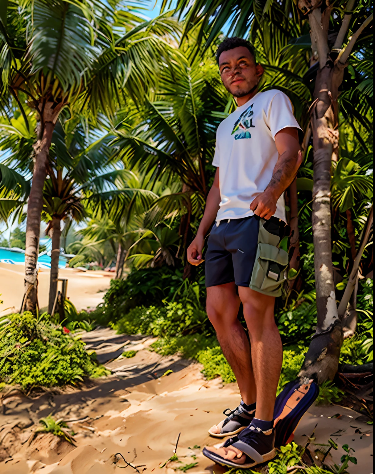 There's a man standing on a skateboard on the dirt, Selvas ao fundo, vestindo bermuda e camiseta, pele bronzeada uma camiseta e shorts, usando roupas sujas de viagem, de bermuda, trees in the background, com uma pose cool, wearing black shorts, em uma selva, nice afternoon lighting, standing at the beach, em frente a um fundo de floresta