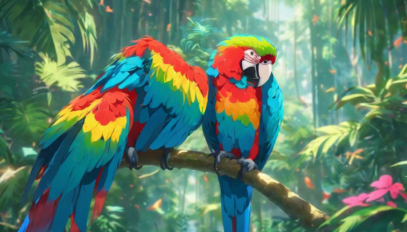 A macaw,in the rainforest,Stand on a branch and whip your wings,plethora of colors,Strong layering,Correct structural proportions,Golden section composition,Strong light contrast,hyper-high detail,8K,Romantic atmosphere,