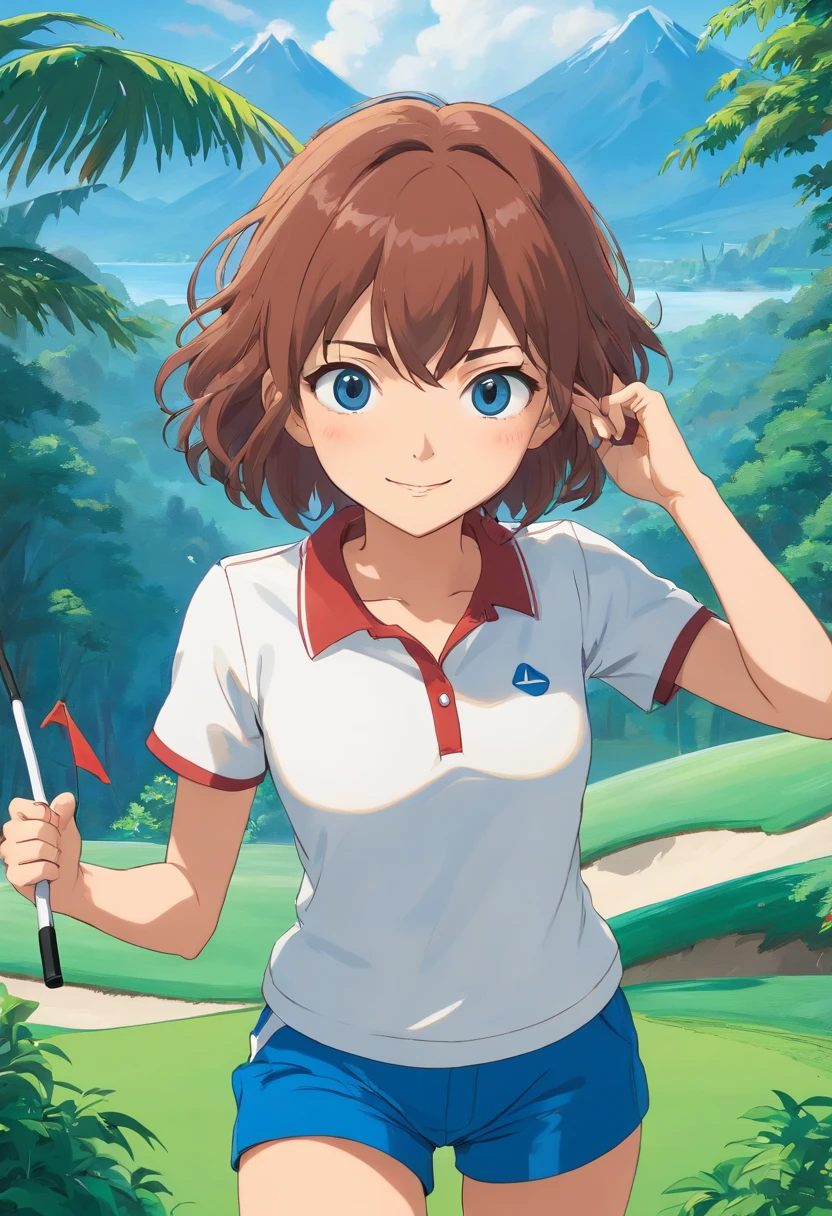 1mujerl, solamente, cabello rubio corto, frente, ojos azules, maquillaje, camiseta azul sin mangas, Brown skinny shorts, gran sonrisa , boca abierta, Mirando al espectador, desde la parte frontal, al aire libre, sosteniendo palo de golf, visera blanca, campo de golf, cara feliz