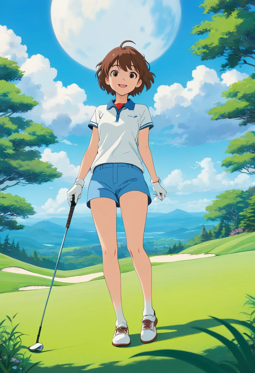 1mujerl, solamente, cabello rubio corto, frente, ojos azules, maquillaje, camiseta azul sin mangas, Brown skinny shorts, gran sonrisa , boca abierta, Mirando al espectador, desde la parte frontal, al aire libre, sosteniendo palo de golf, visera blanca, campo de golf, cara feliz