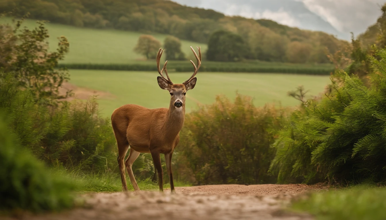 Dentro do shopping desabitado，Muitas prateleiras，The ground is a lawn，Baixa perspectiva，Various deer，A deer looks at the camera with exit plate