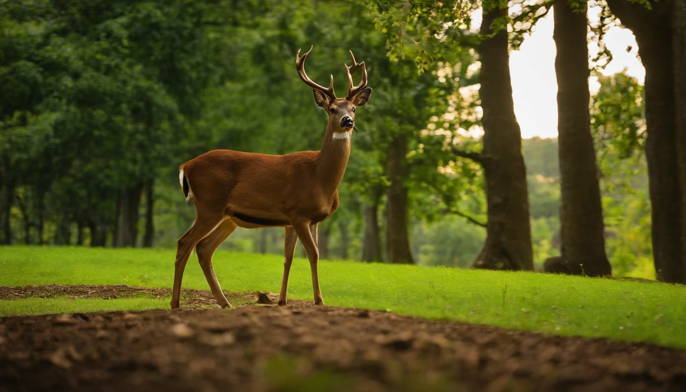 Dentro do shopping desabitado,Muitas prateleiras,The ground is a lawn,Baixa perspectiva,Various deer,A deer looks at the camera with exit plate