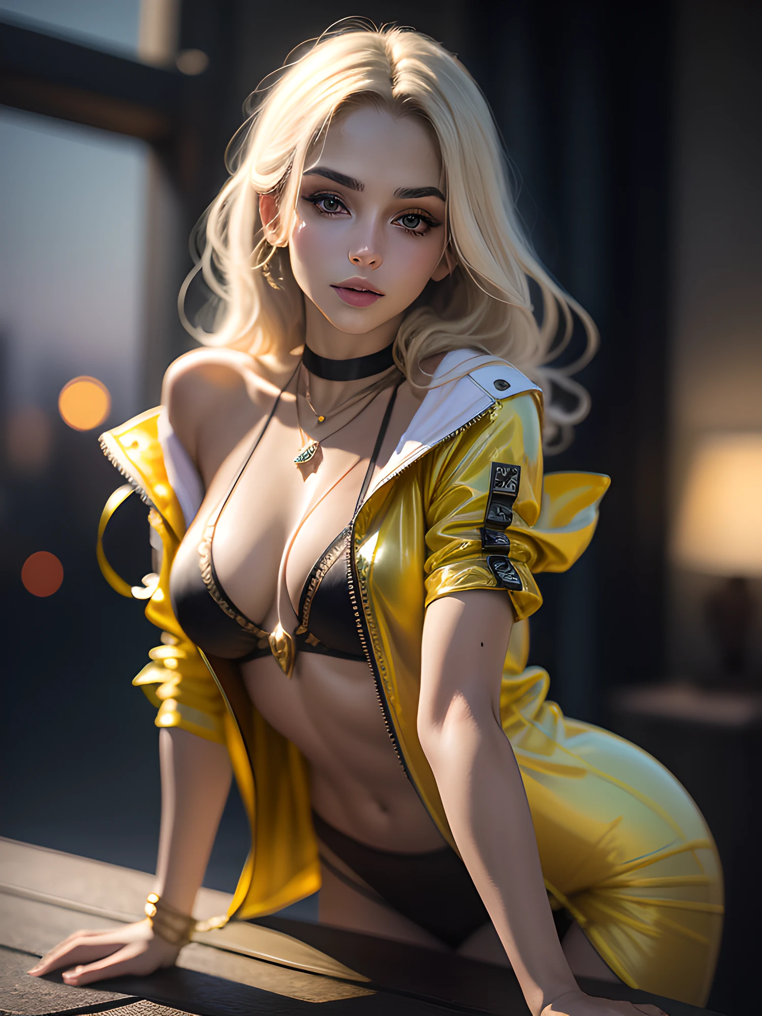 tmasterpiece, beste-Qualit, the most beautiful Mexican 1girl 25 years old, (photo-realistic: 1.4), Half-body shot, white colored hair, leaned forward, arched forward, Body Half Sideways, looks at the viewer, Average Breasts, suntanned skin, a necklace, hairlong, slick hair, Unbuttoned Yellow Transparent Jacket, official arts, Unity 8k壁纸, Ultra-detailed, Beautiful and aesthetically pleasing, tmasterpiece, (Imitation of oil smears:1.3), Elegant, bright colours, romanticism, Depth of field