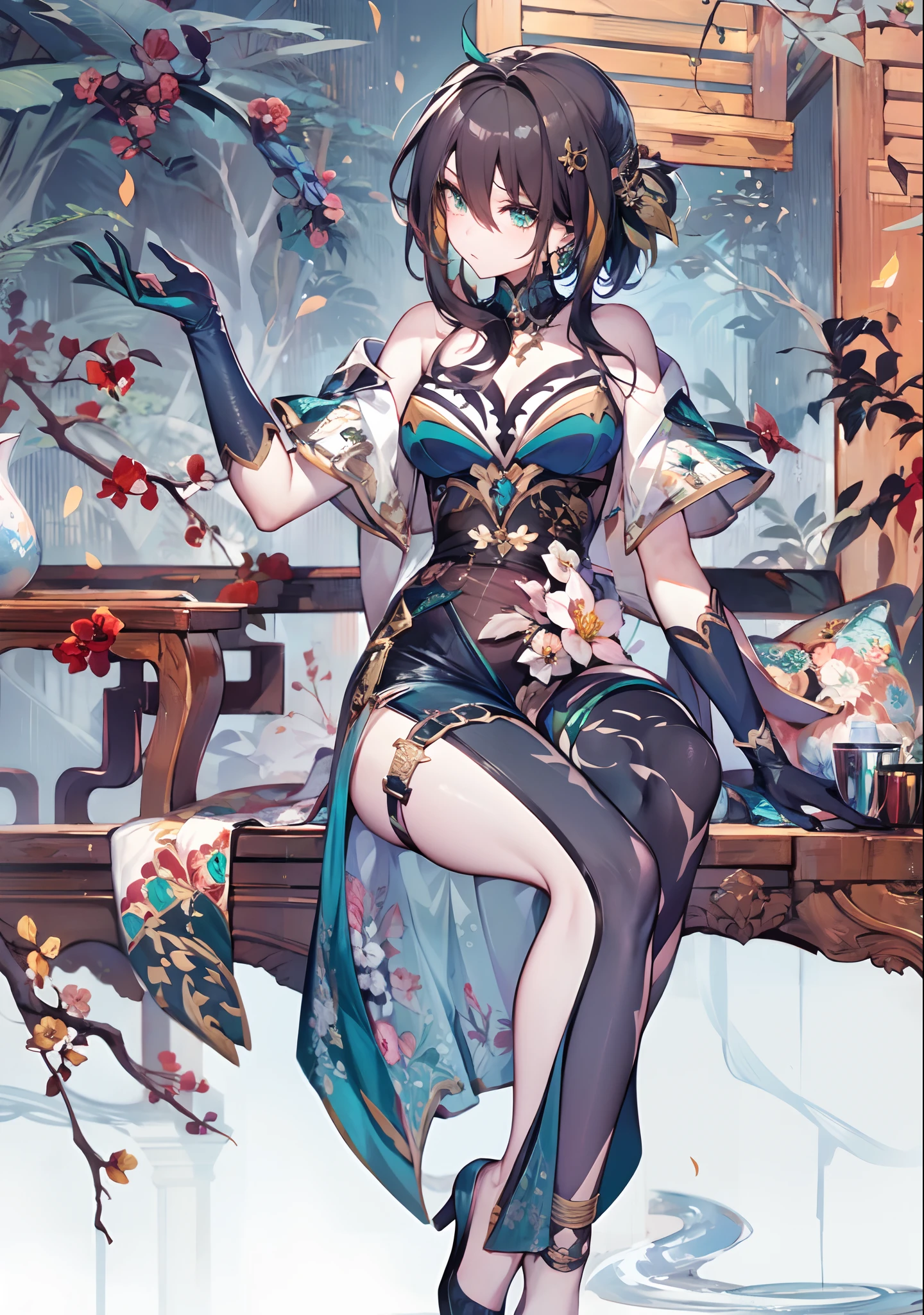 (masterpiece:1.2), (pale skin:1.2), (solo:1.2), (female:1.1), (emphasis lines:1.3), green eyes, brunette, flower on hair, bare shoulders, necklace, gloves, thigh strap