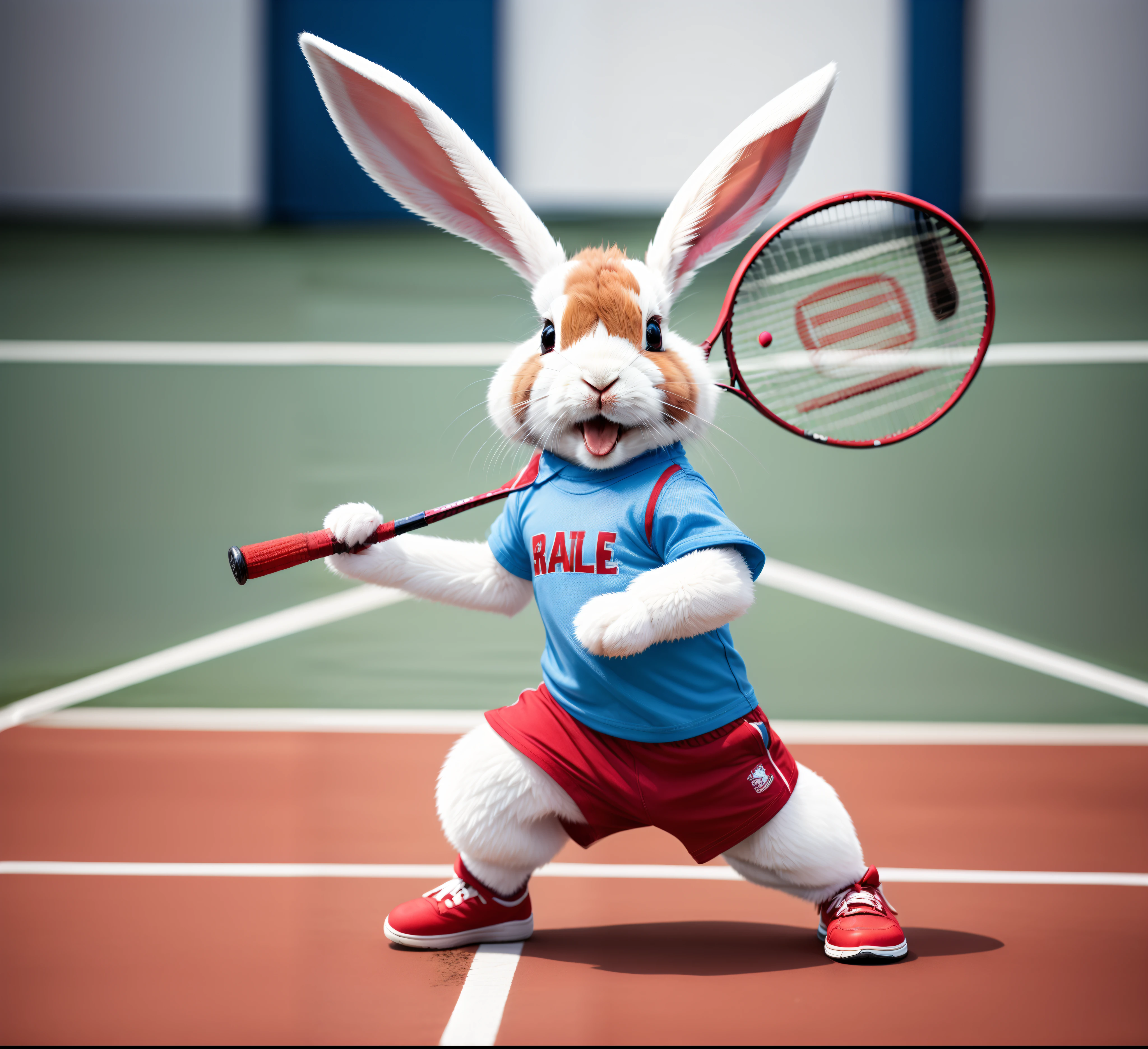 There was a rabbit playing tennis on the court, Badminton,Red and blue sports shirt and shorts, Red sneakers,Open your mouth wide with an angry expression,in an action pose, sports mascot,high-quality wallpaper, Playing tennis, (Battle expressions),(in a fighting stance,) ultra-realistic picture, in a fighting pose,Rabbits in action, Amazing wallpapers, highly realistic photograph, Be prepared for an attack