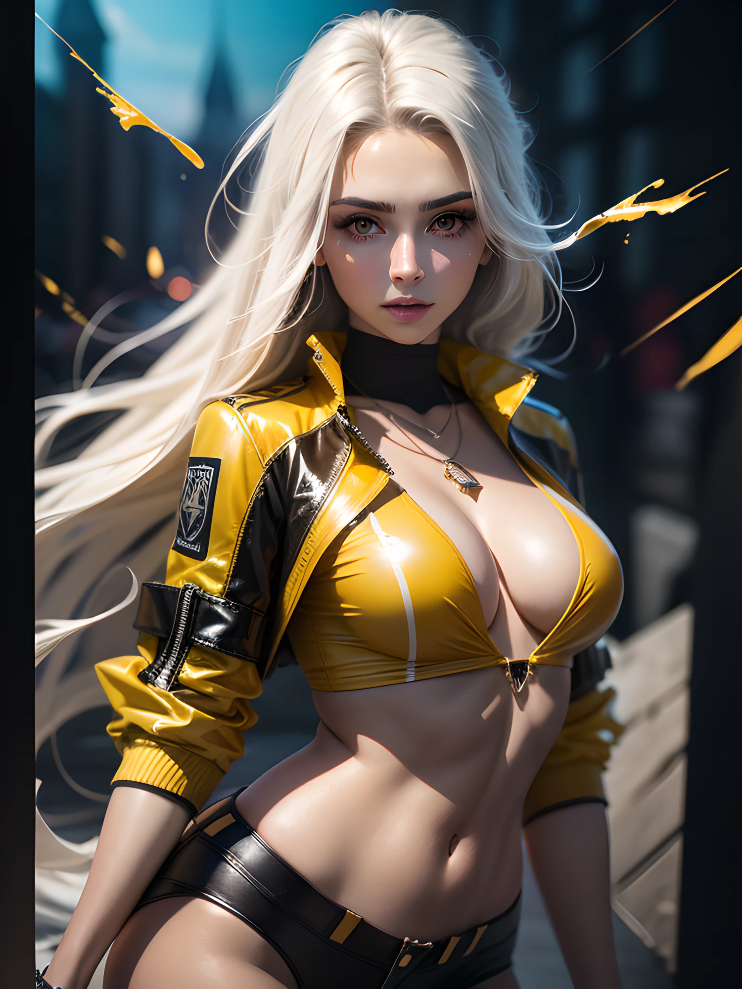tmasterpiece, beste-Qualit, the most beautiful Mexican 1girl 25 years old, (photo-realistic: 1.4), Half-body shot, white colored hair, leaned forward, arched forward, Body Half Sideways, looks at the viewer, Average Breasts, suntanned skin, a necklace, hairlong, slick hair, Unbuttoned Yellow Transparent Jacket, official arts, Unity 8k壁纸, Ultra-detailed, Beautiful and aesthetically pleasing, tmasterpiece, (Imitation of oil smears:1.3), Elegant, bright colours, romanticism, Depth of field