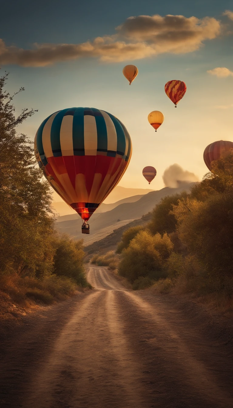 Turkish landscape，There are a lot of colorful hot air balloons in the sky，Hyper-realistic style，Shot with a full-frame camera，plethora of colors，Strong layering，Correct structural proportions，Golden section composition，Strong light contrast，hyper-high detail，8K，Romantic atmosphere，