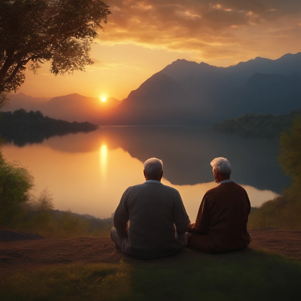 Mature men sit in a meditative position., Look at the beautiful horizon with the sunset, Human beings have a deep relationship with God., The landscape is extraordinarily detailed., Ultra realistic humans, All are very detailed and beautiful., Ultra quality. 8K realism