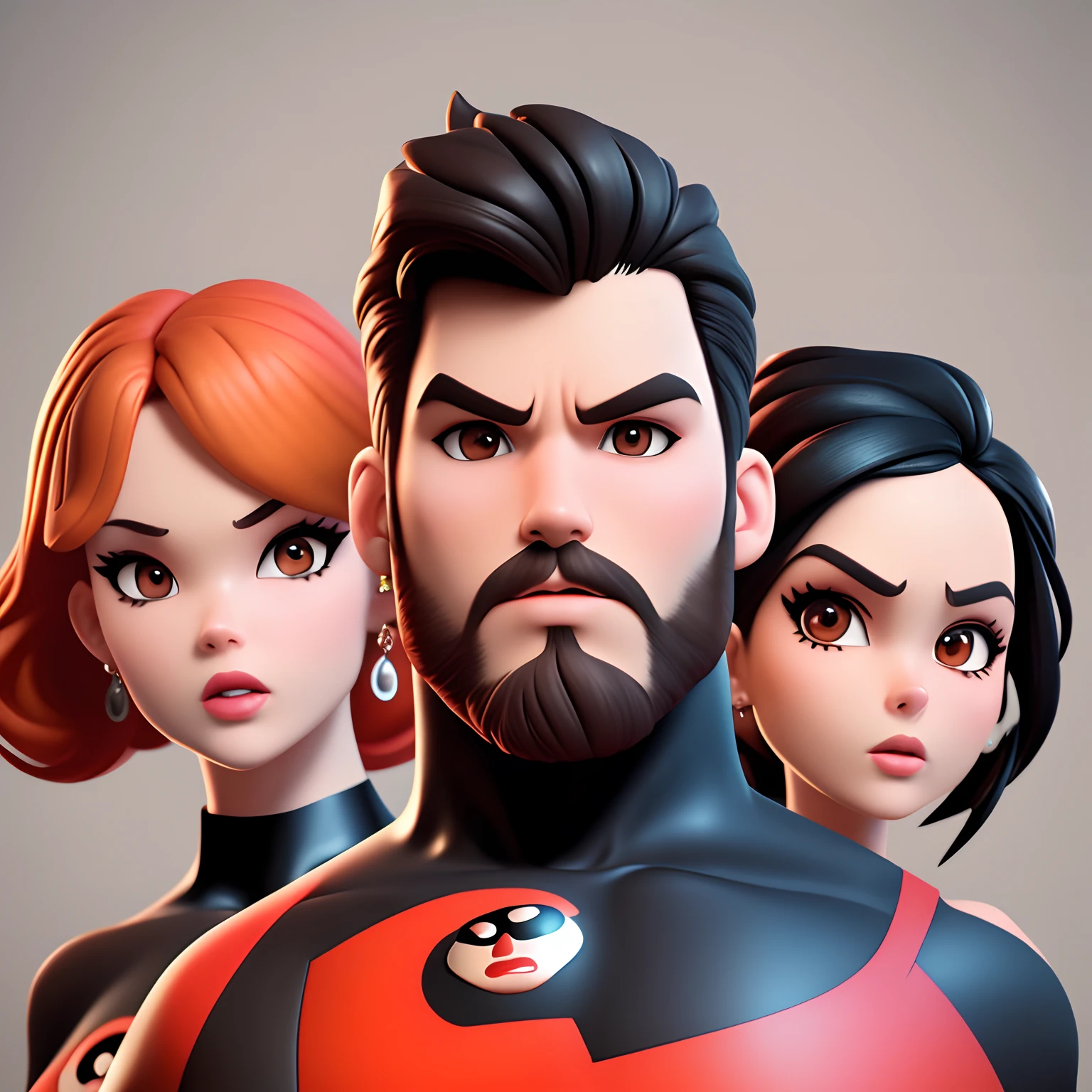 Command The Incredibles: Pixar-style movie poster with title "THE DESIGNER". Man with black hair and dark brown eyes...
...Using eyebrow piercing, tattoos, earrings and beard in 3D Pixar style wearing hero uniform from the movie "The Incredibles". The scene should follow...
...The artistic style of the Pixar animations of the movie "The Incredibles", in 3D, with vibrant colors, detailed textures and neutral background with red gradient.