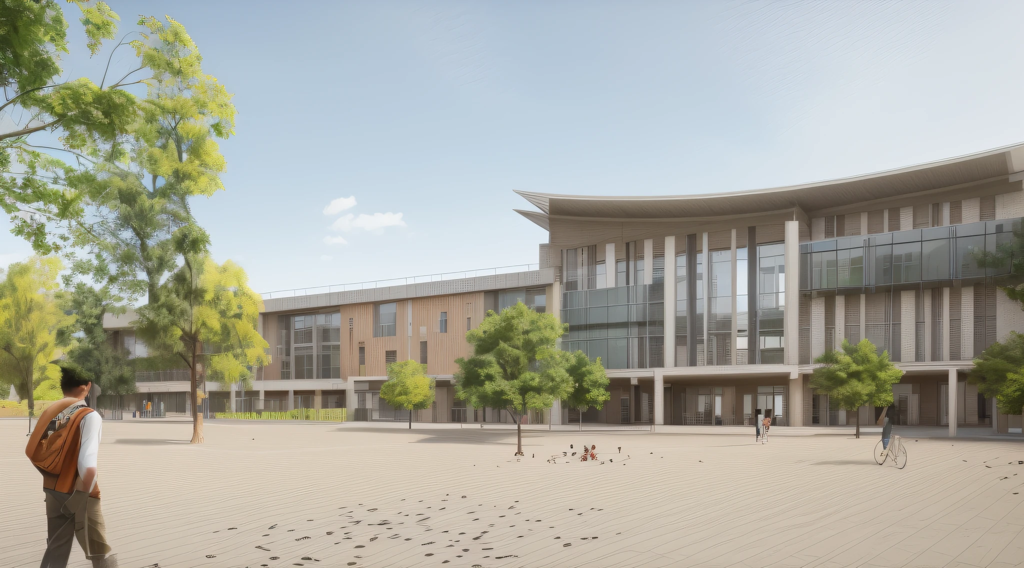School Architecture, Modern style, Grass and concrete ground design incorporating walkways with students on the field , Available colors on photos , glass rails, City Cover, It's beautiful, Natural sunlight, wide viewing angle, Realistic image quality,