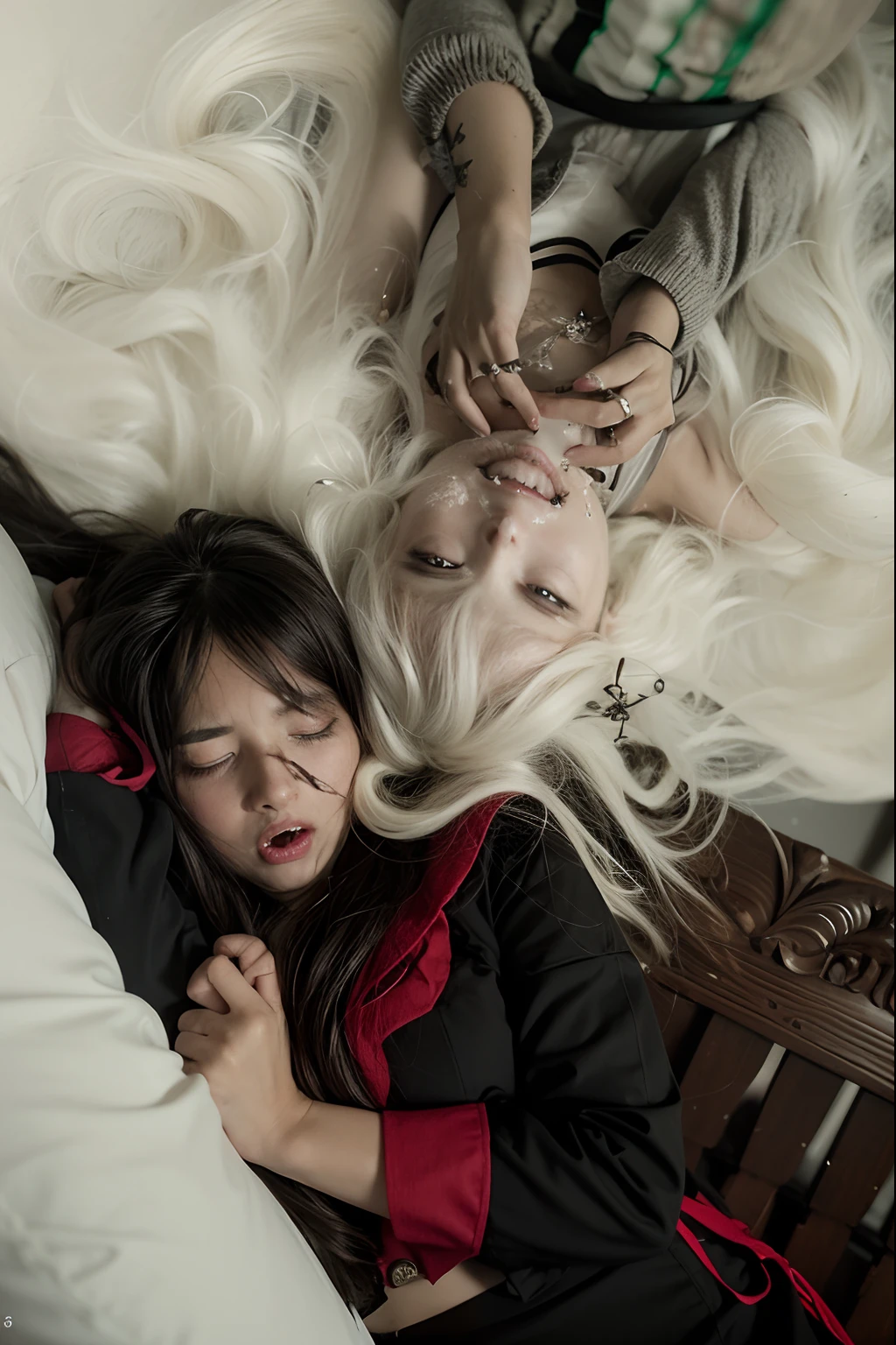 (Best quality, 8k, 32k, Masterpiece, UHD:1.2), Photo of a two girls, one girl is sleeping, the other girl has ghostly long white hair flowing upward, ghost, white lady, dream, spooky, whate lady, red eyes, monster