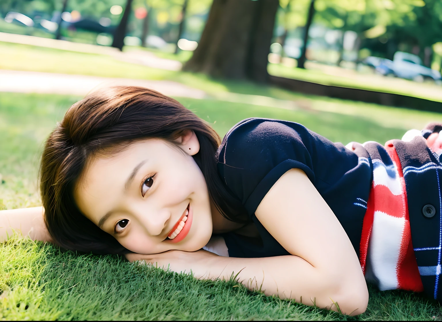 Beautiful Girl, Lying down, Smile, Baby face, Park, Miniskirt