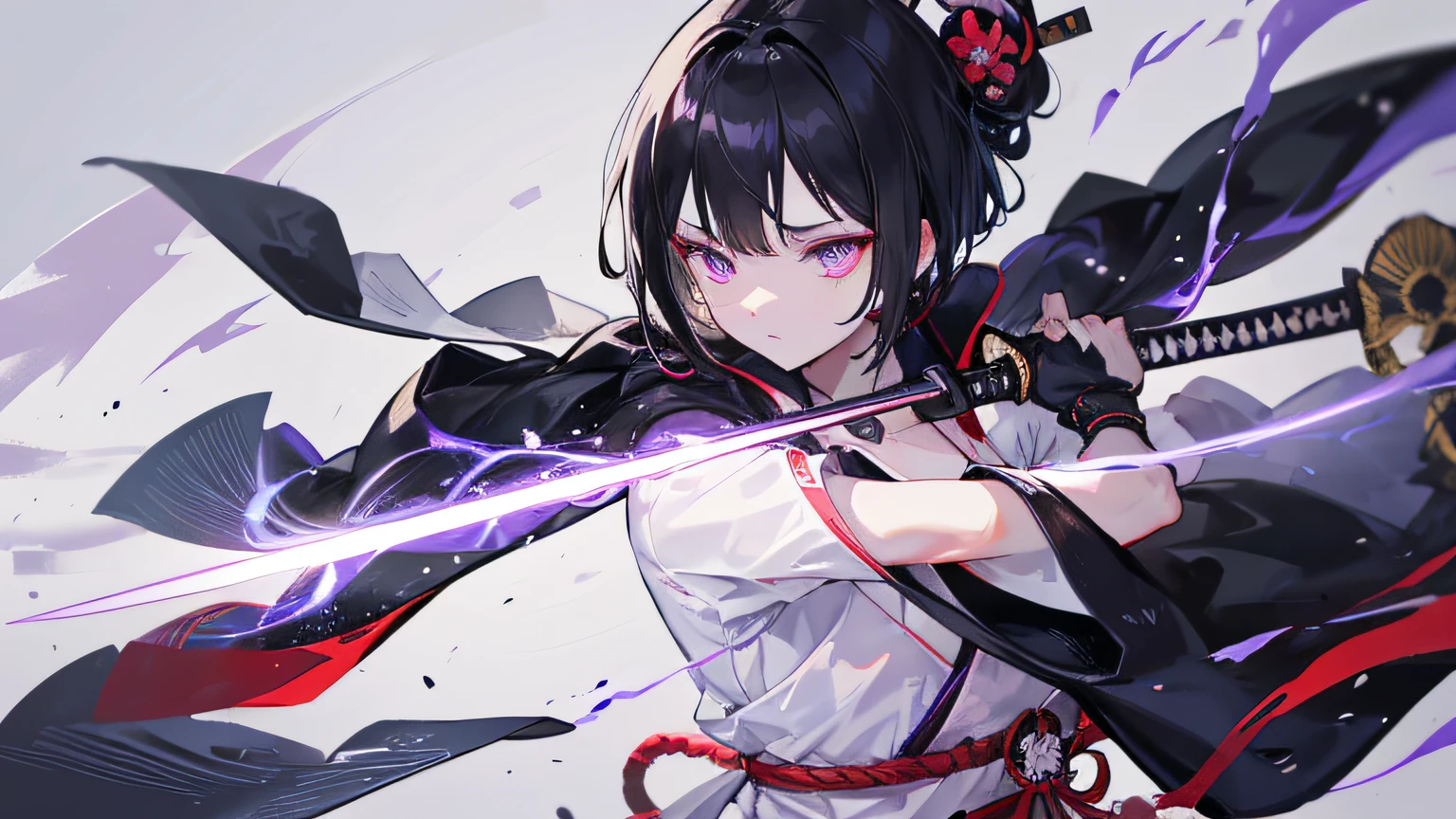 a Japan samurai, short black hair. he is a righteous samurai who fight evil. he wear white and black kimono. he hold a sword with flames coming out from his sword. the background is in the forest. Masterpiece, high-resolution, detailed eyes, purple eye color. The background is a swirling blue flame in Katsushika Hokusai style. ray tracing, dynamic lighting.