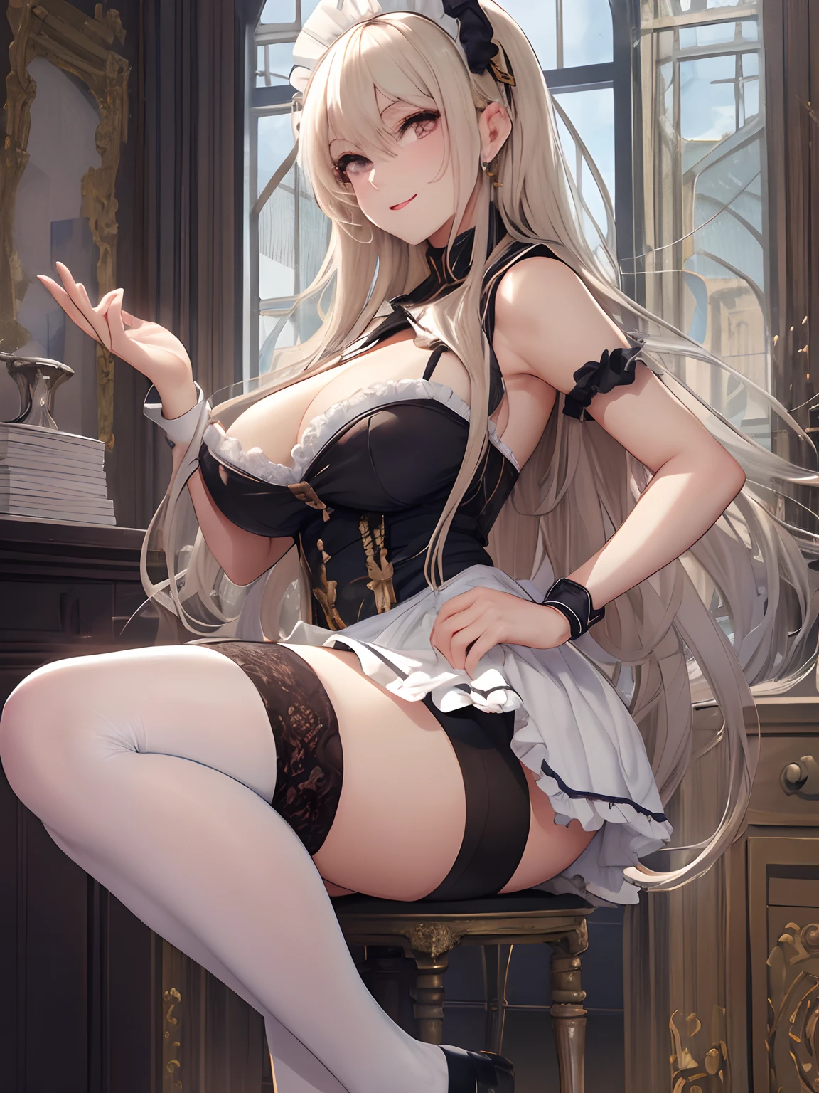top-quality、realistic touch,high-detail、photoRealstic、 Erotic sailor suit、High school students、Long body、Sheer costumes、skirts that are too short、Not wearing underwear、big eye、long lashes、Long upper eyelashes、platinum-blonde、cute little、Beautie、A sexy、full body Esbian、Sparkling eyes、Submissive smile、Flushed cheeks、Kamimei、Big buttocks、thin-waist、Sleeveless、visible from the side、Sexy armpits、Voluptuous thighs、Enraptured look、Apron costume、Plump thighs protruding from knee socks、A maid working in a nobleman's mansion、Clothes with open sides、Tube Top Outfits