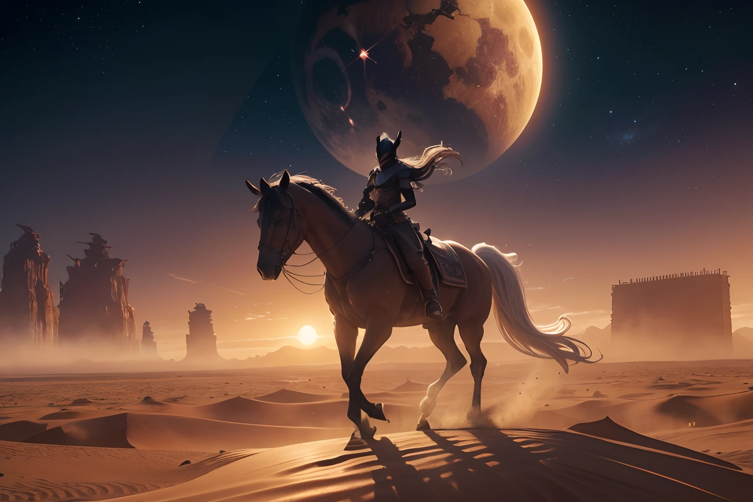 A tiny figure in the distance rides, Riding a Galvian stead, ((an alien horse-like creature with long narrow nose, back ridge plates, gills, and long flowing white tail)), across the baren landscape of an alien world, dust blows across the desert in swirls of sorrow, bright orange and pinks of an setting near dark alien moon, a Jovian world hangs in the furoin sky, she rides to the edge of the horizon, and to new tank city, photorealistic, hyperdetailed, sadness and forlorn, an ending, extreme long shot, vast distances, 64k resolution