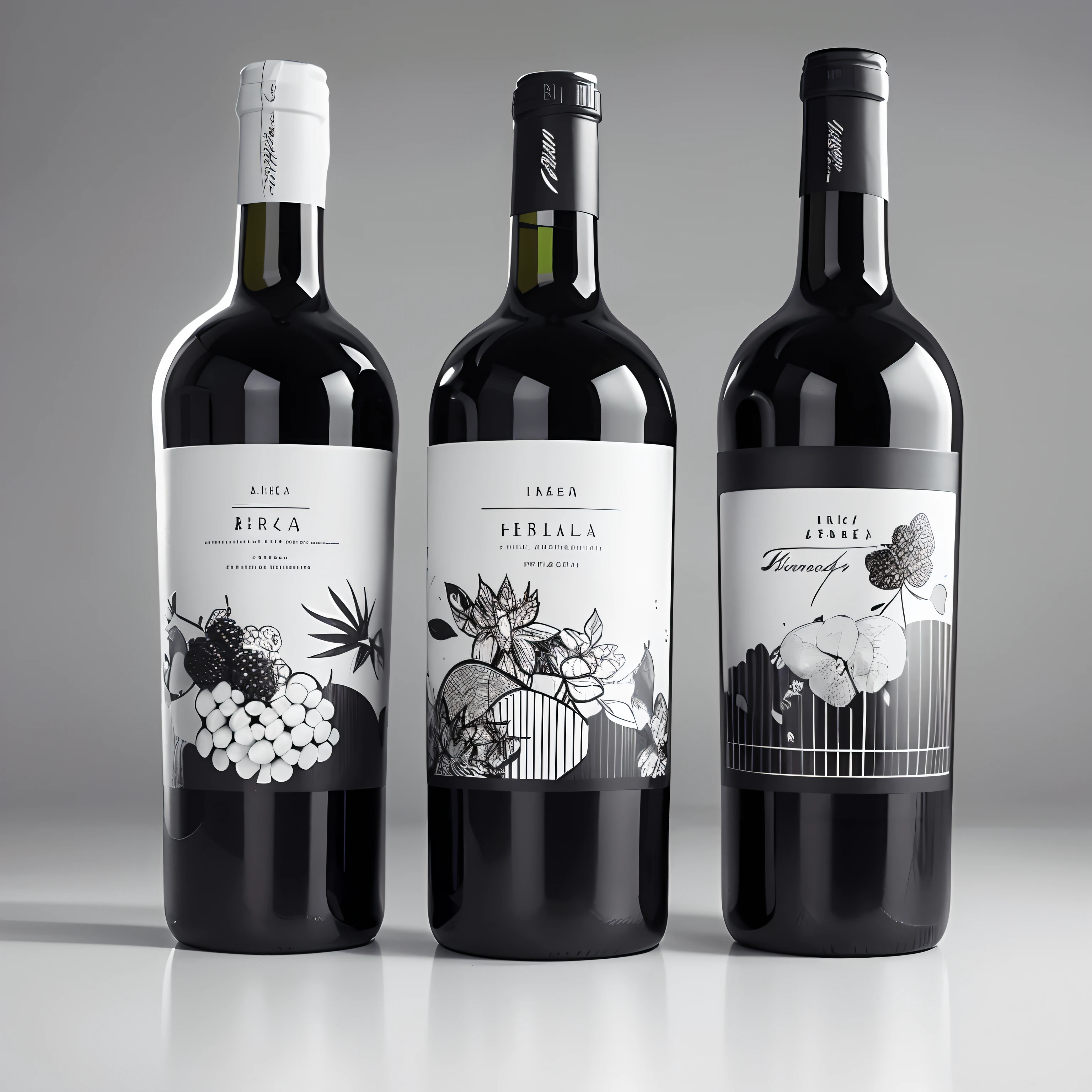 Wine packaging illustration in linear style，Black and white tones，With honey and fruit elements