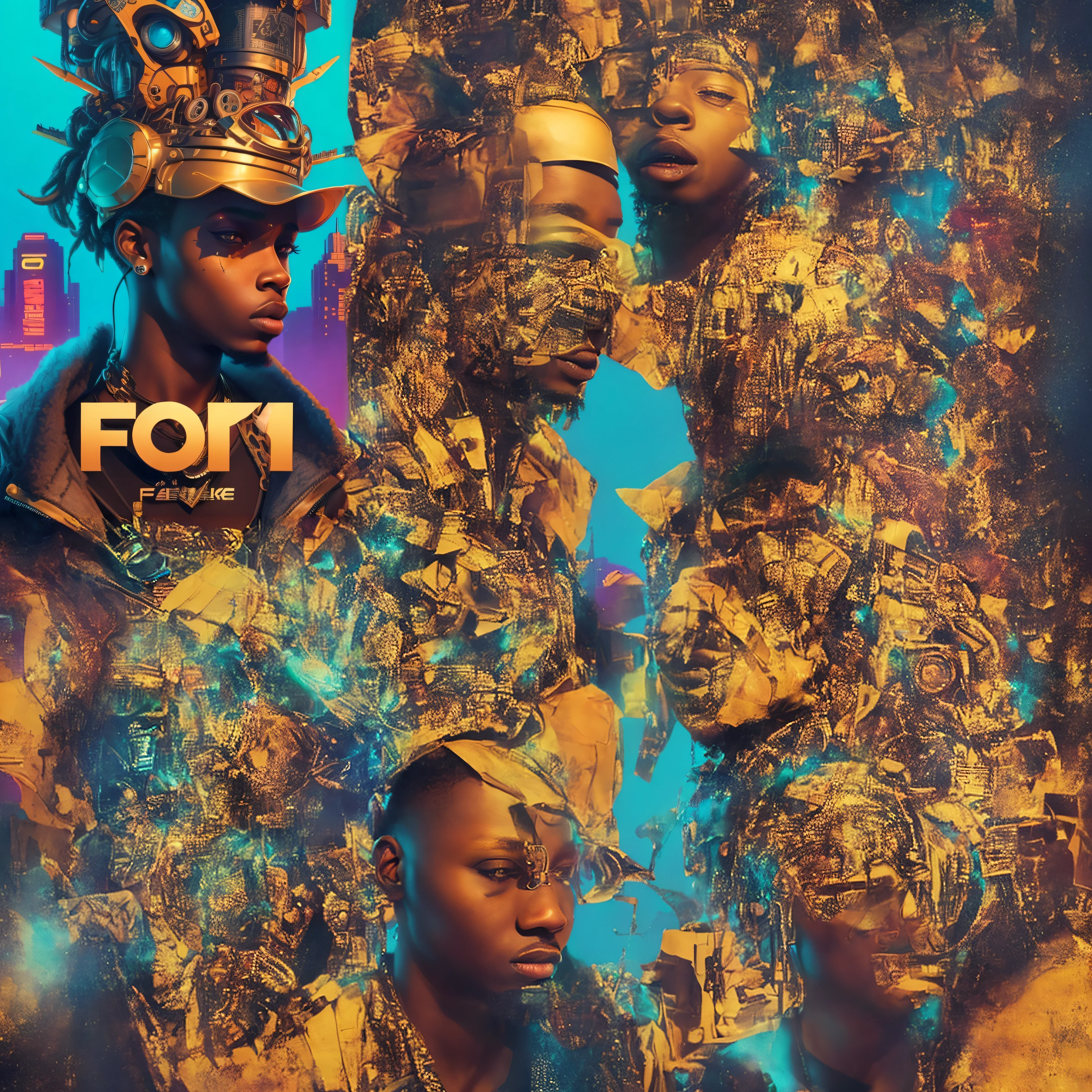 Create a captivating title for a futuristic african rap cover art that represents a mix of urban grit and artistic flair. The rapper's stage name is 'FOM, ' and the cover should evoke a sense of energy and boldness. Think of disney style. The title is Form it encapsulates the essence of FOM FOM's music and persona?"