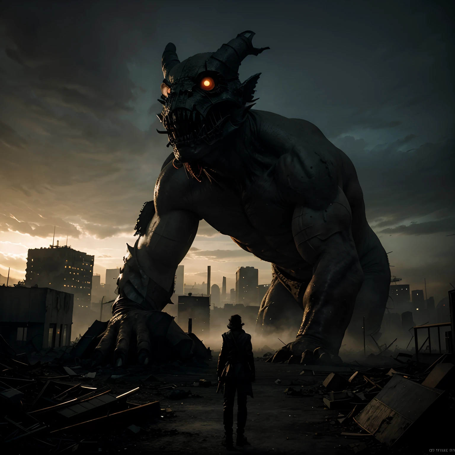 A desolate, post-apocalyptic cityscape, with a colossal, mutated, and grotesque creature lurking amidst the ruins, casting an ominous shadow