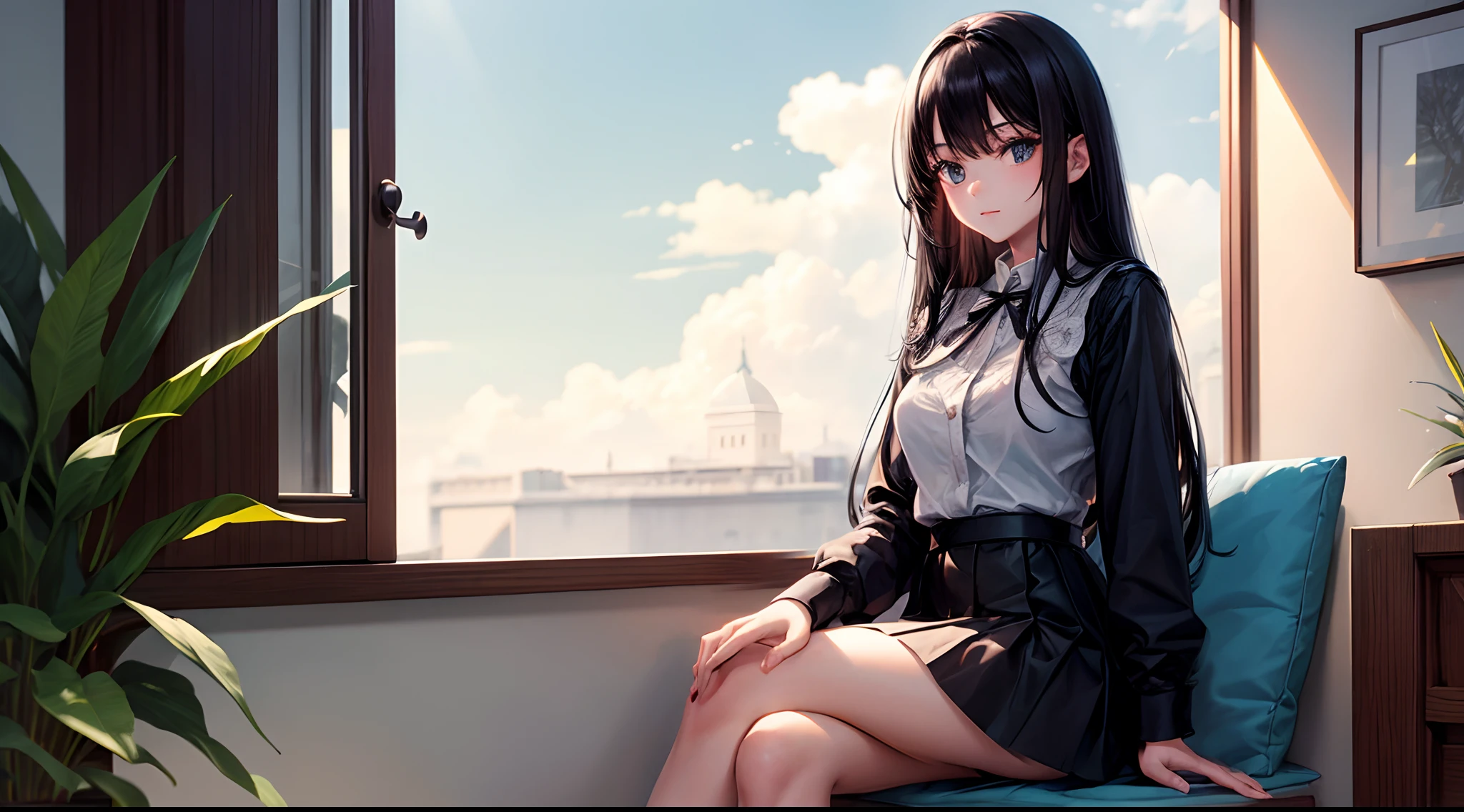 Girl with long black hair,Sit by the window,White blouses,Black miniskirt