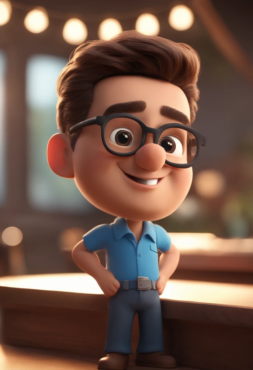 Cartoon character of a man with black glasses and a blue shirt, animation character, Caractere estilizado, animation style rendering, 3D estilizado, Arnold Maya render, 3 d render stylized, toon render keyshot, Personagem 3D, Personagem 3D, 3d rendering stylized, 3 d character render, personagem de desenho animado, Personagem de close up, Pose de personagem,  (Estilo Pixar) (master part:1.2) (Bokeh) (best quality) (pele detalhada) (textura detalhada) (8k) (argila) (Cinematic lighting) (foco nítido