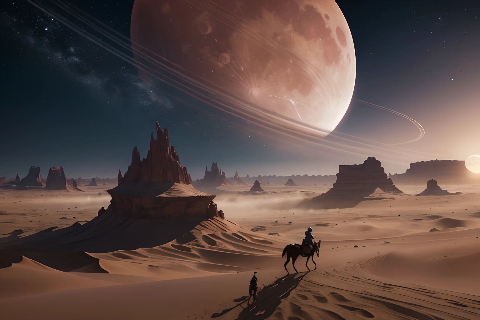 A tiny figure rides, A Galvian stead, ((an alien horse-like creature with extreme long nose, ridge disks and gills, a flowing white tail)), A beautiful creature is seated upon the mount, beautiful flowing garments, a uniform of alien elegance an wear, lustrous flowing hair, beautiful features, air breathing technology, rides across the baren landscape of an alien world, dust blows across the desert in swirls of sorrow, bright orange and pinks of a setting alien moon, near dark, a Jovian world hangs in the furoin sky, she rides to the edge of the horizon, and to new tank city, photorealistic, hyperdetailed, sadness and forlorn, an ending, extreme long shot, vast distances, emptiness, 64k resolution