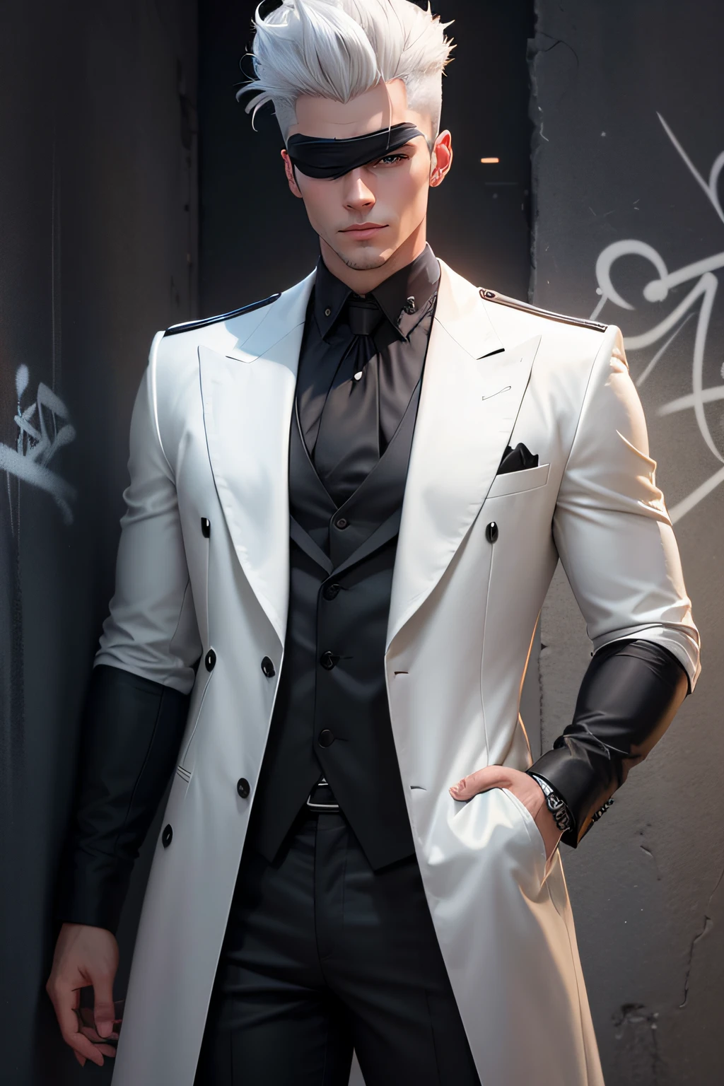a handsome guy with a pompadour hair from anime, smile, clean shave, white hair, wearing a black plain loose long coat, blindfolded, modern black outfit, very handsome, standing pose, detailed face, detailed masculine body, (reality: 1.4), (A hyper-realistic), (high resolution), (8K), (highly detailed), ( Best Illustration), (detailed eyes), (ultra-detailliert), Bright lighting, Professional Lighting, The background is dirty wall with graffiti., floating lighting around.,