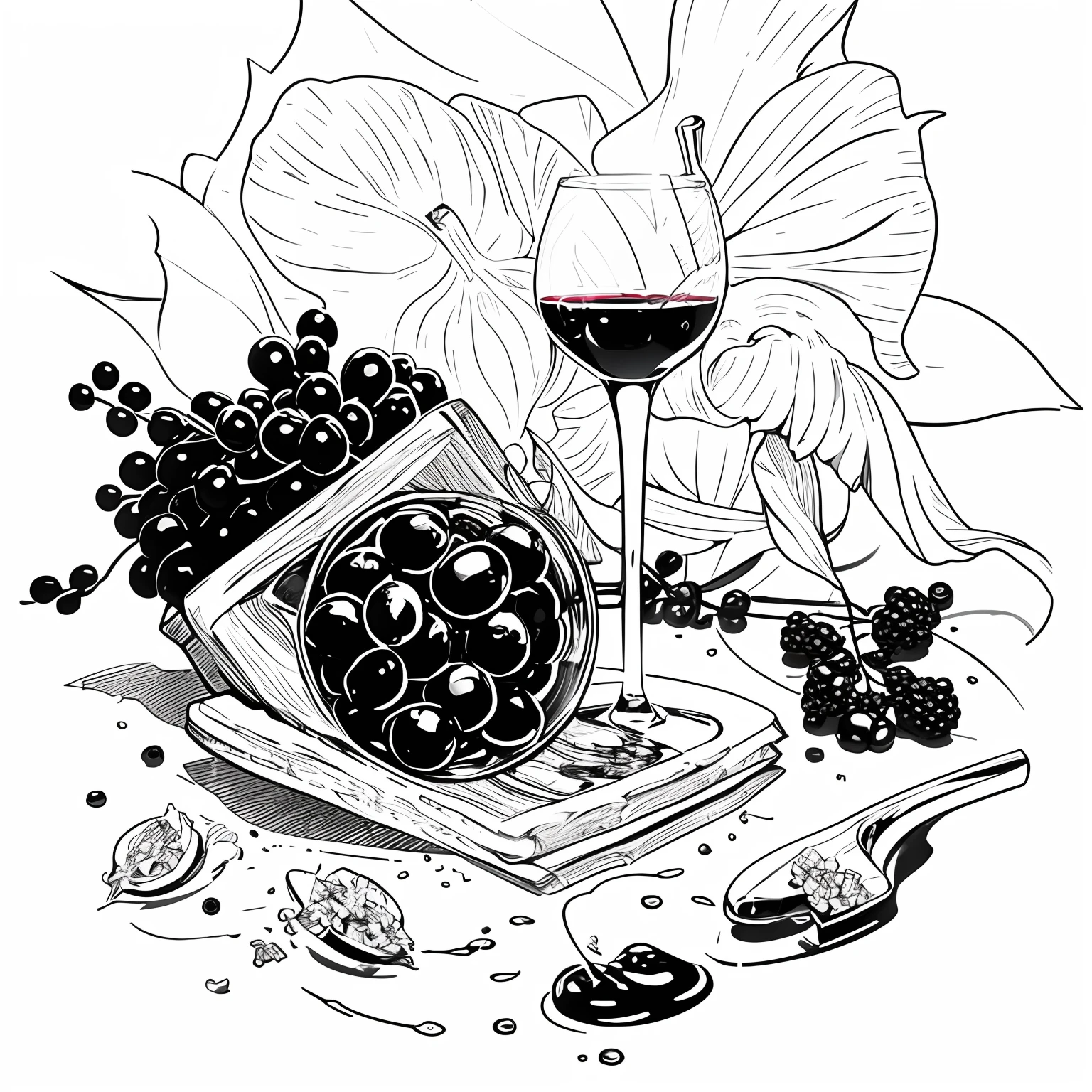 Wine illustration in linear style,Black and white tones,With honey and fruit elements