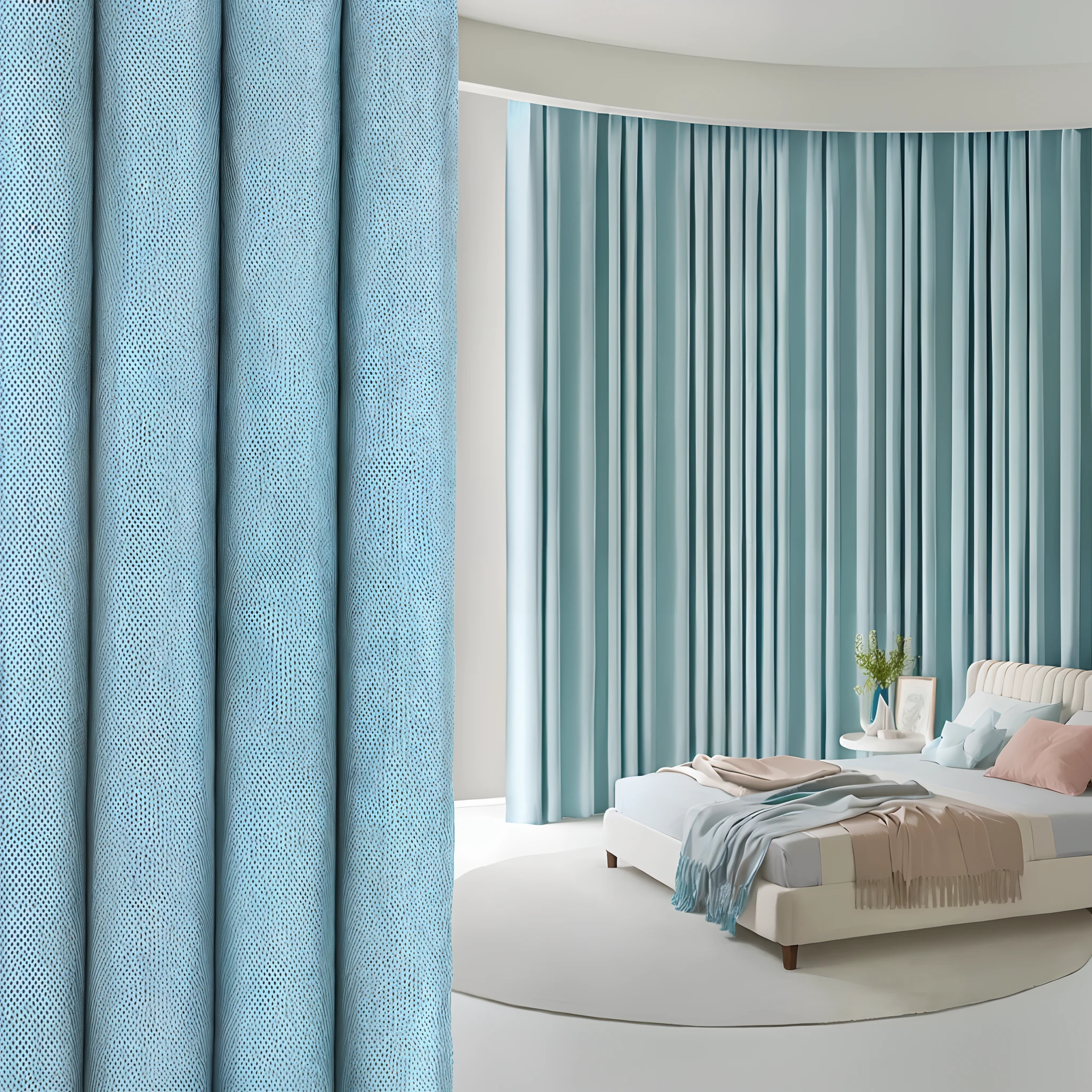 Alafid view of bed in blue curtain room, Blue drapery in winter, pale-blue, background made of big curtains, glistening seafoam, blue soft details, 4K/8, Subtle blue, 窗帘, hermosas cortinas, designed for cozy aesthetics!, pastelcolor, Award-winning shadows, soft blue texture