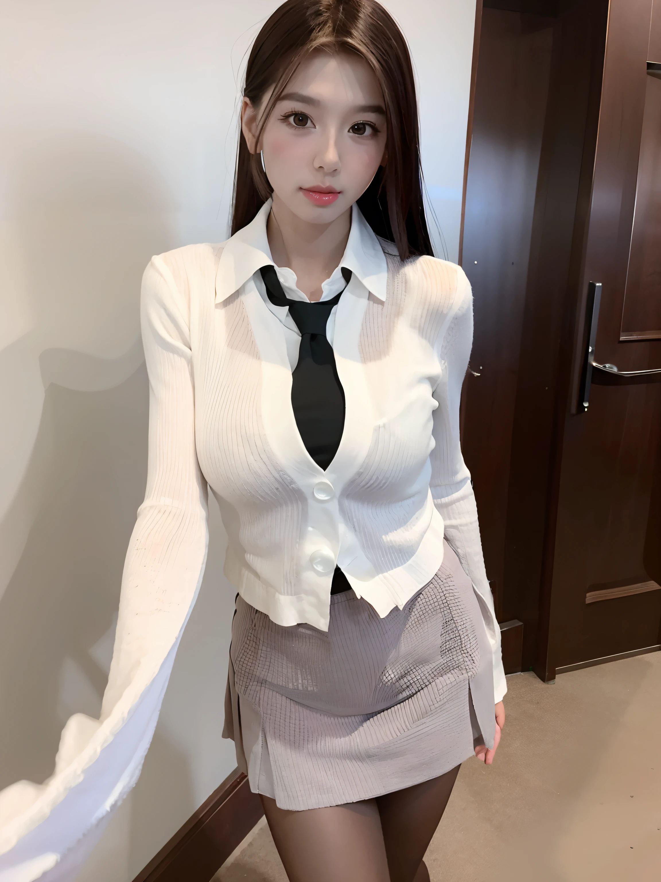 best quality, (photorealistic:1.2), 1girl, solo, best quality, ultra high res, (photorealistic:1.4), 1girl,solo, full lips, a sultry gaze, school uniform, A sexy student might possess a confident and alluring demeanor, showing a sense of self-assurance and charisma that draws people towards them.She has a toned and fit physique, and carry themselves with poise and grace. Her clothing and style might be fashionable and tasteful, accentuating their best features while maintaining a sense of class and elegance, very_long_hair, full body, medium breasts,  long_legs, pleated skirt, (pantyhose:0.8).