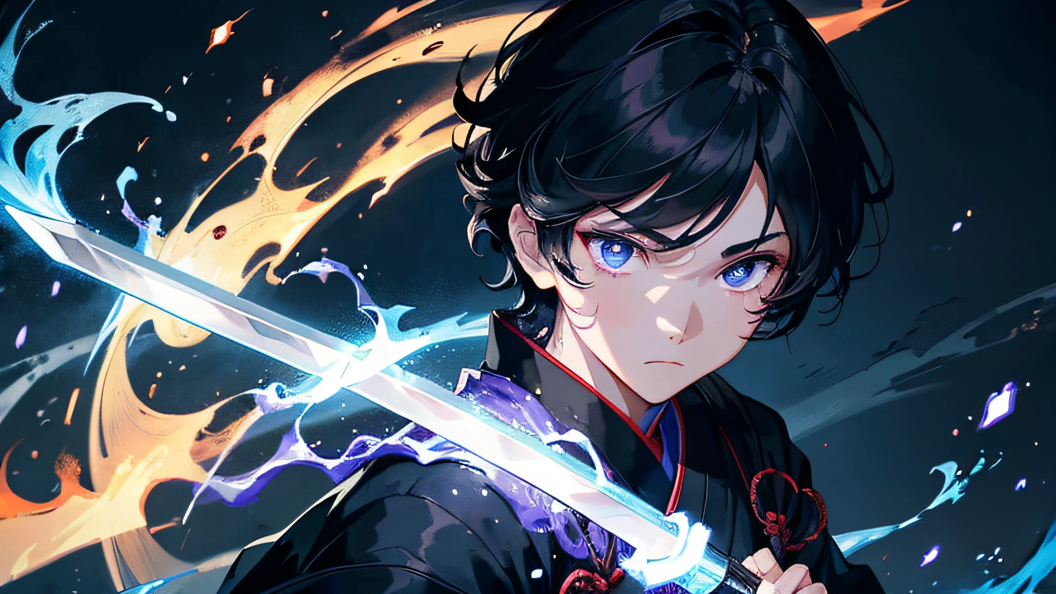 a boy with black hair. he is a righteous samurai who fight evil. he wear white and black kimono. he hold a sword with flames coming out from his sword. the background is in the forest. Masterpiece, high-resolution, detailed eyes, purple eye color. The background is a swirling blue flame in Katsushika Hokusai style. ray tracing, dynamic lighting.