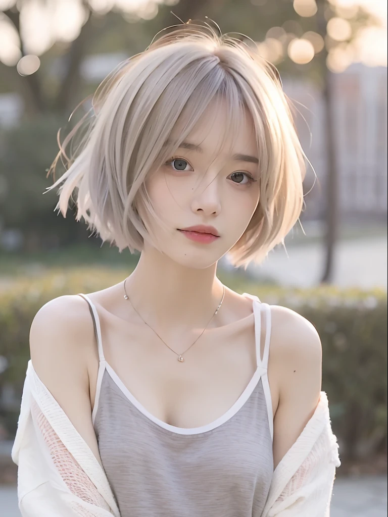 mix4,(top-quality), (Photorealsitic),(The background is the riverside at dusk:1.2), 1womanl, , High Detail Face,、 (8K)、(layers-Cut:1.5)、(Super Berry Shorthair:1.6)、((short hair like men))、Strong eyes、Delicate and realistic skin and hair、(cowboy shot:1.5)、(bleached, Very thin pale silver hair:1.5)、(Less hair:1.5)、adultlike face、Looking here、(Winter clothes:1.5)、inner colored、1 persons、Dramatic、Twisting the body、Beautiful body lines、(mode:1.8)、Cool、(Sharp eyes:1.5)、moderno、Edgy hairstyles、hime-cut、(Nylon jacket 1.8)、(Hairstyles with short tops:1.8)、(Light hair color close to white:1.8)、The season is winter、Thick fabric clothes、Do not put your shoulders out、(Do not show your shoulders:2)、Cold winter clothes、(Long-sleeved clothing:1.5)