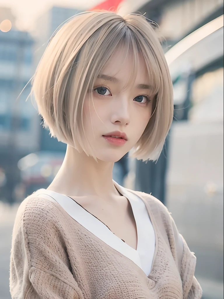 mix4,(top-quality), (Photorealsitic),(The background is the riverside at dusk:1.2), 1womanl, , High Detail Face,、 (8K)、(layers-Cut:1.5)、(Super Berry Shorthair:1.6)、((short hair like men))、Strong eyes、Delicate and realistic skin and hair、(cowboy shot:1.5)、(bleached, Very thin pale silver hair:1.5)、(Less hair:1.5)、adultlike face、Looking here、(Winter clothes:1.5)、inner colored、1 persons、Dramatic、Twisting the body、Beautiful body lines、(mode:1.8)、Cool、(Sharp eyes:1.5)、moderno、Edgy hairstyles、hime-cut、(Nylon jacket 1.8)、(Hairstyles with short tops:1.8)、(Light hair color close to white:1.8)、The season is winter、Thick fabric clothes、Do not put your shoulders out、(Do not show your shoulders:2)、Cold winter clothes、(Long-sleeved clothing:1.5)