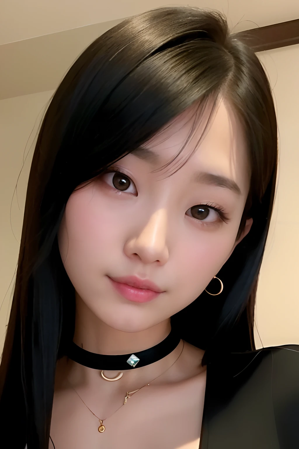 a close up of a woman with a choke and a necklace, young adorable korean face, jaeyeon nam, wan adorable korean face, korean girl, tzuyu from twice, portrait of female korean idol, gorgeous young korean woman, beautiful south korean woman, portrait of jossi of blackpink, korean face features, cute round slanted eyes, korean symmetrical face