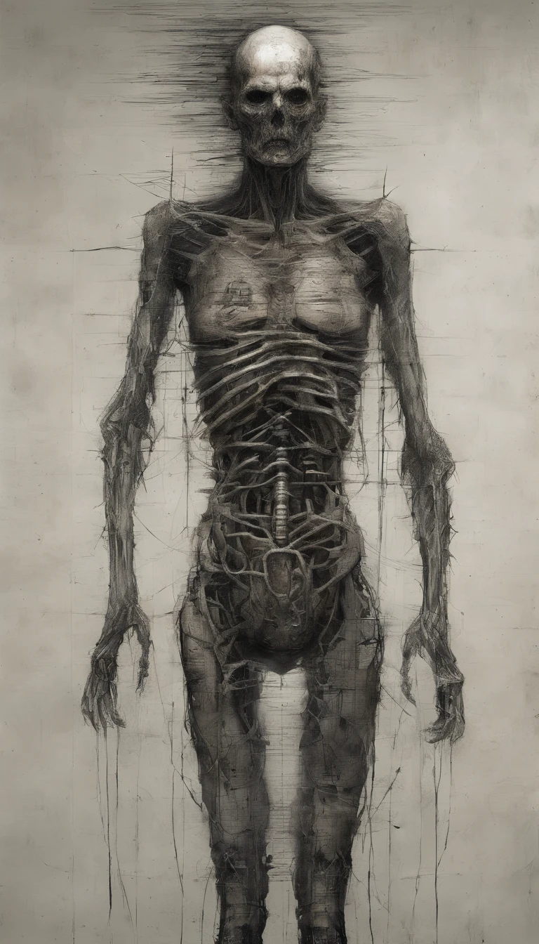 full body of a zombified cyborg mutant humanoid terrifying creature, Perfect centralization, coelho (franco)de Donnie, Standing position, beleza abstrata, Centrado, looking at the camera, Facing the camera, nearing perfection, triste, desespero, corpo inteiro, hands on her head, Dynamic, altamente detalhado, liso, foco nítido, 8k, high-definition resolution, illustration, arte de Carne Griffiths e Wadim Kashin, Zdzislaw Beksiński