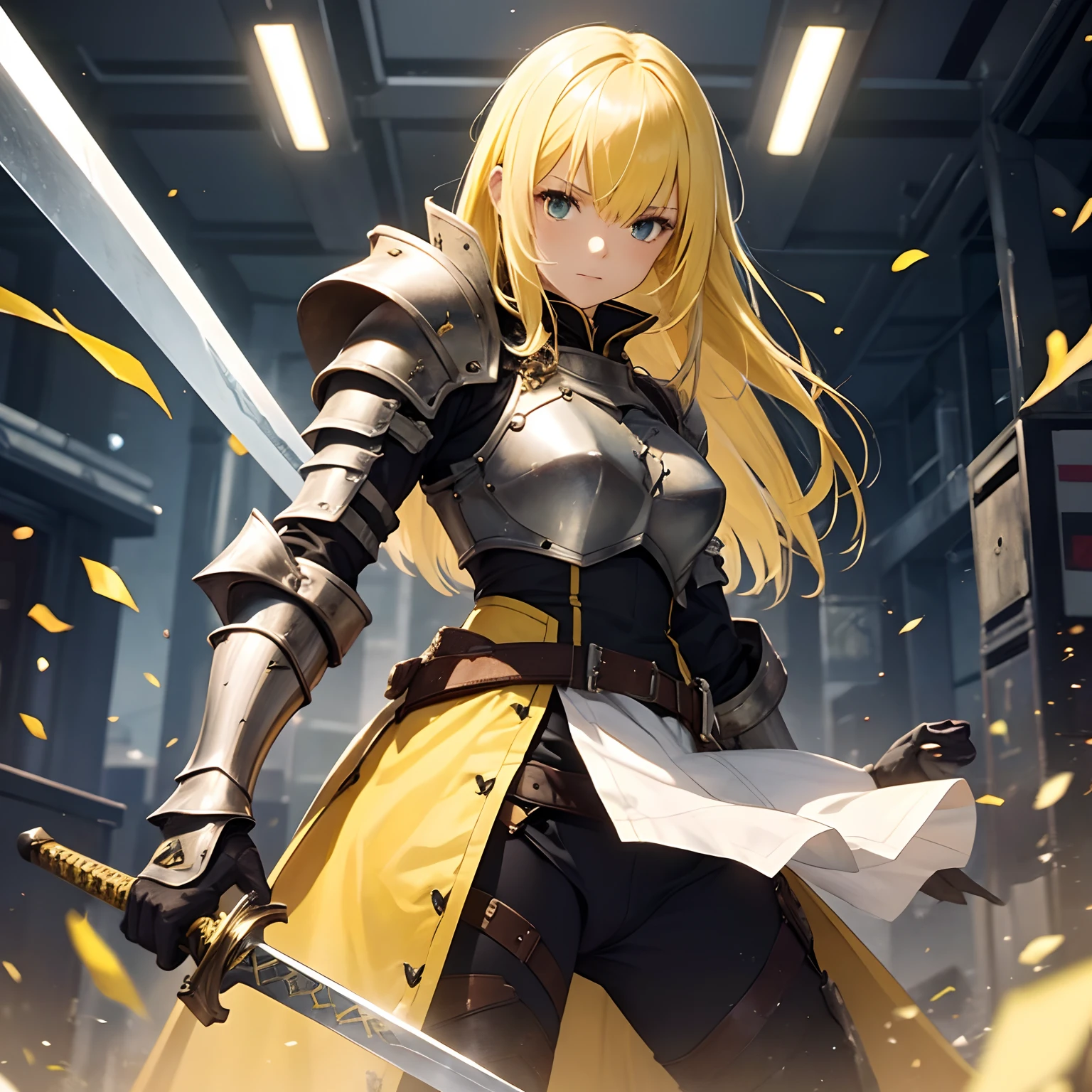 1girl, armored, sword knight, yellow hair