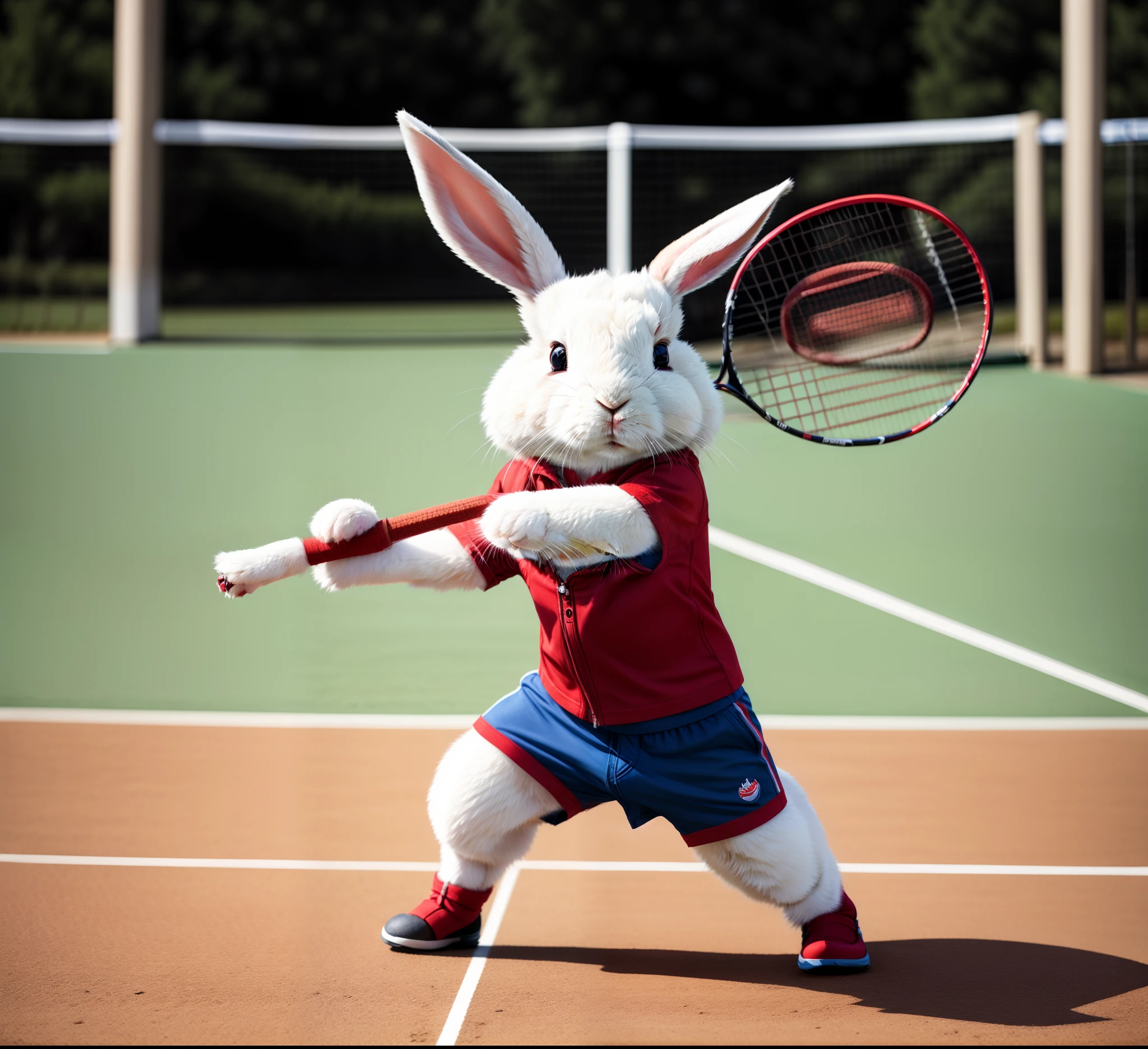 There was a rabbit playing tennis on the court, Badminton,Red and blue sports shirt and shorts, rabbit paws,in an action pose, sports mascot,high-quality wallpaper, Playing tennis, (Battle expressions),(in a fighting stance,) ultra-realistic picture, in a fighting pose,Rabbits in action, Amazing wallpapers, highly realistic photograph, Be prepared for an attack