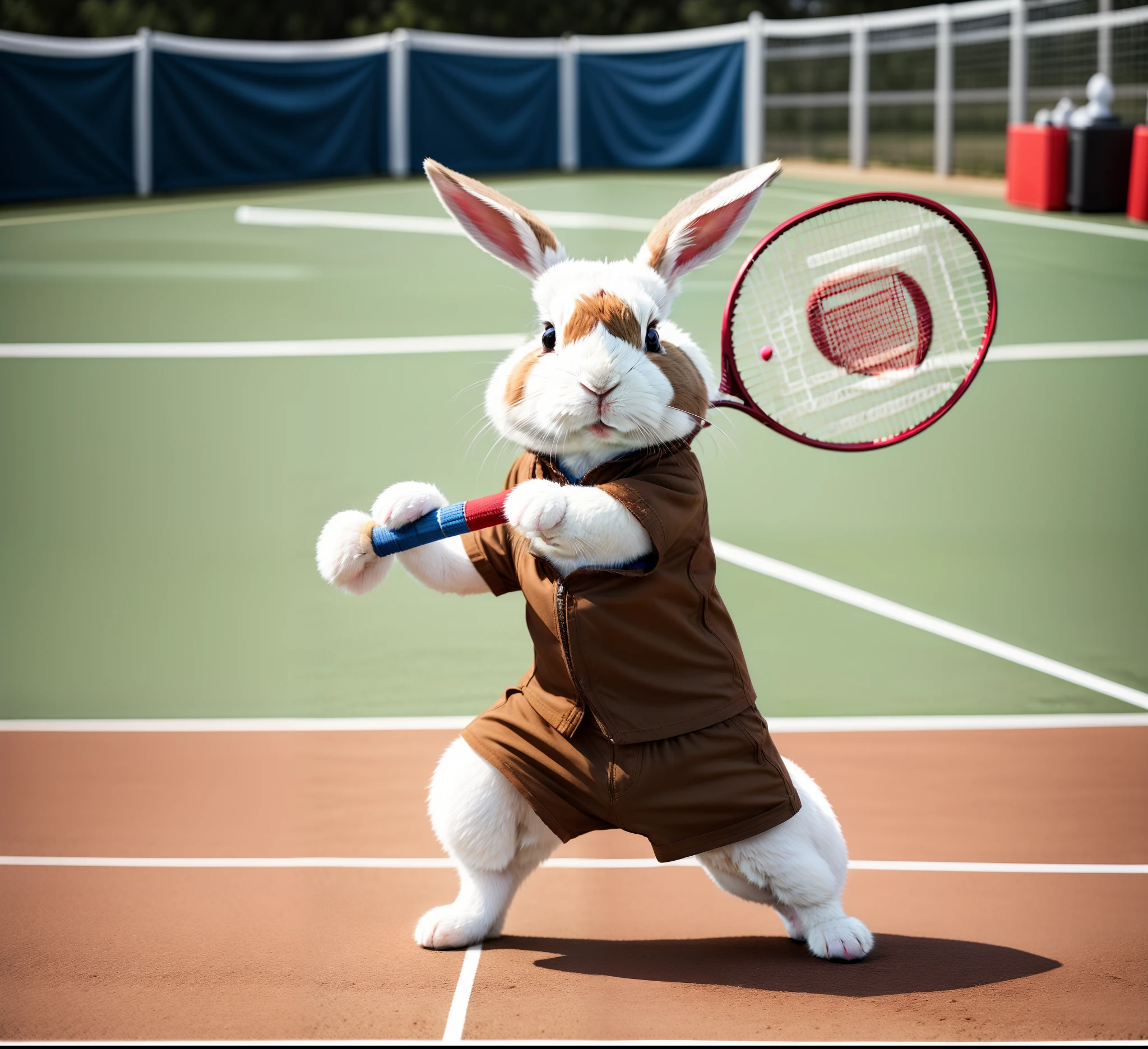 There was a rabbit playing tennis on the court, Badminton,Red and blue sports shirt and shorts, rabbit paws,in an action pose, sports mascot,high-quality wallpaper, Playing tennis, (Battle expressions),(in a fighting stance,) ultra-realistic picture, in a fighting pose,Rabbits in action, Amazing wallpapers, highly realistic photograph, Be prepared for an attack