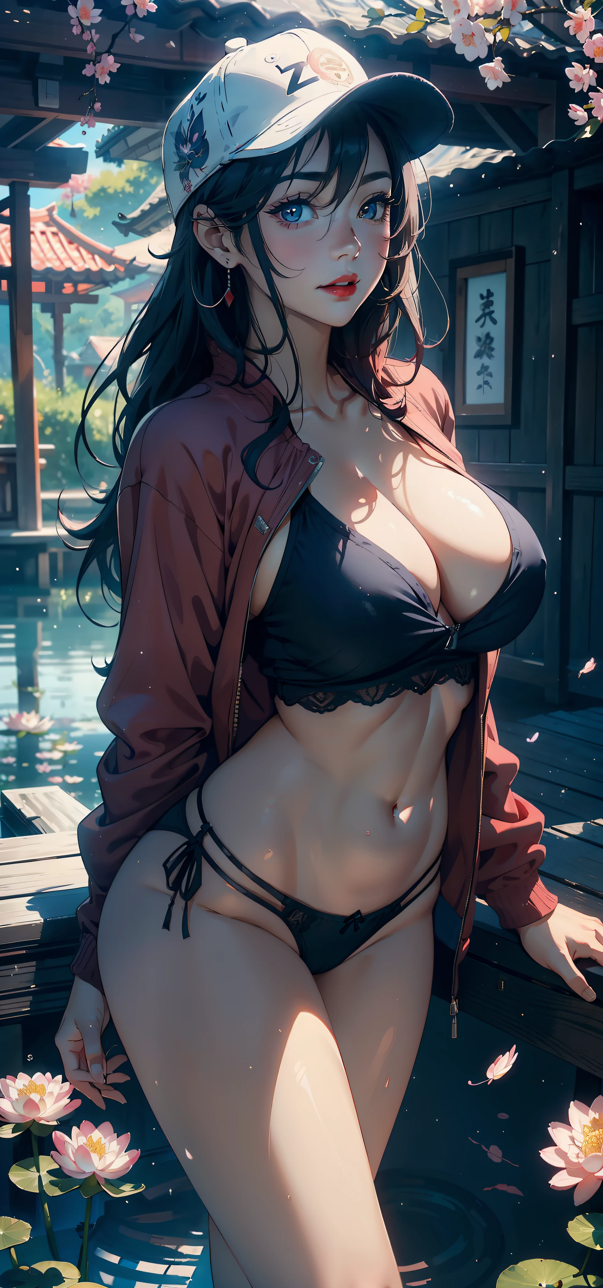 1female,45 yers old,Married Woman,熟妇,plumw,extremely large bosom, 独奏,(Background with:ponds,Cherry blossom forest,lotus flower)Lie underwater, She has long pink hair,standing on your feet,seen from the front,, mostly cloudy sky,(((tmasterpiece),(Very detailed CG unity 8K wallpaper),best qualtiy,cinmatic lighting,detailed back ground,beatiful detailed eyes,Bright pupils,Black eyes,Snow-whiteskin,Redlip(Very fine and beautiful),(Beautiful and detailed eye description),ultra - detailed,tmasterpiece,))facing at camera,A high resolution,ultra - detailed),revealing breasts,Bare genitalia, Bulge,legs are open,Raised sexy,Camel toes,Flushed complexion,Desire for dissatisfaction,frontage,ssmile(Wearing:baseball cap,Red baseball jacket,Denim panties)